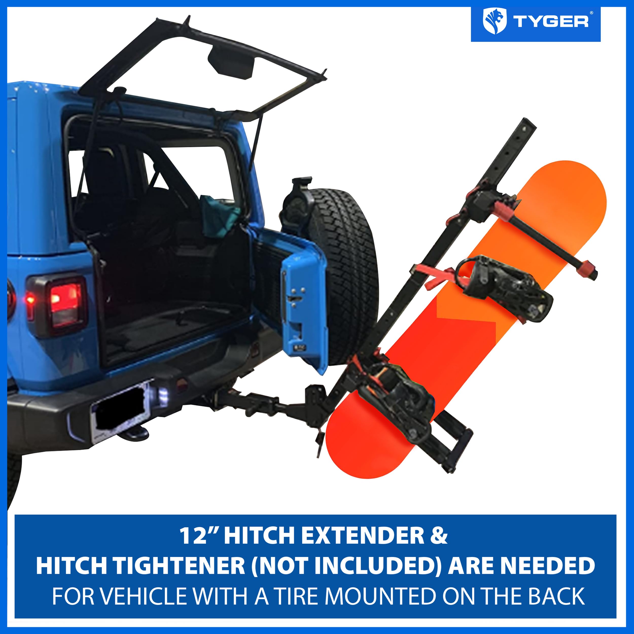 Folding Hitch-Mounted Ski/Snowboard Rack Tyger Auto TG-RK1B707B Fits 2" or 1.25" Receiver Carries 6 Pair Skis or 4 Snowboards | Key Lock | Security Strap | Vertical Adjustable | Tilt Access