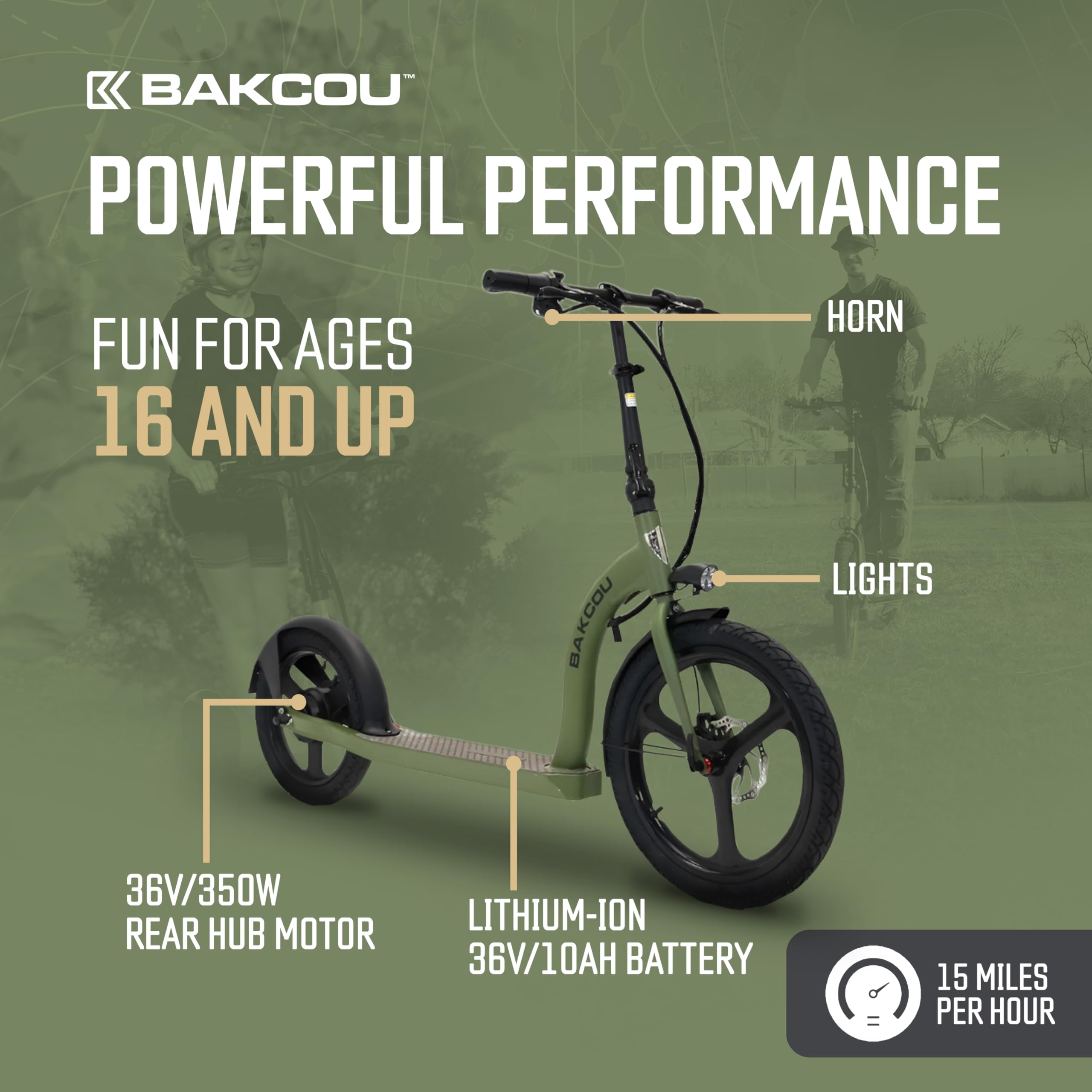 Bakcou - Badger Foldable Electric Scooter with Seat - Matte Green - 350W Motor 36V Battery, Large Wheels, Disc Brakes with Lights, Horn & Charger