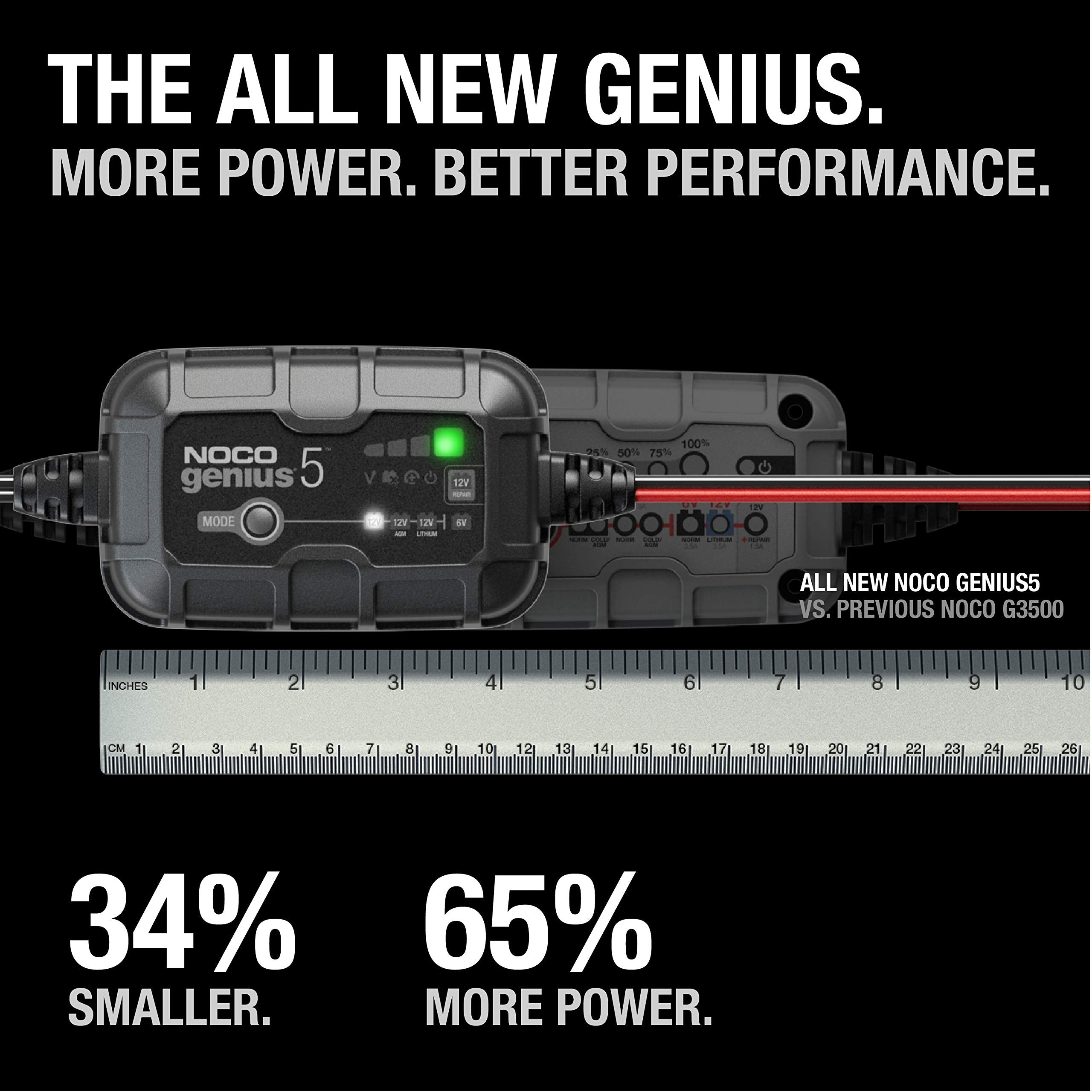 NOCO GENIUS5: 6V/12V Smart Battery Charger 5A – Automatic Maintainer, Trickle Charger & Desulfator with Overcharge Protection & Temperature Compensation – for Lead-Acid & Lithium Batteries