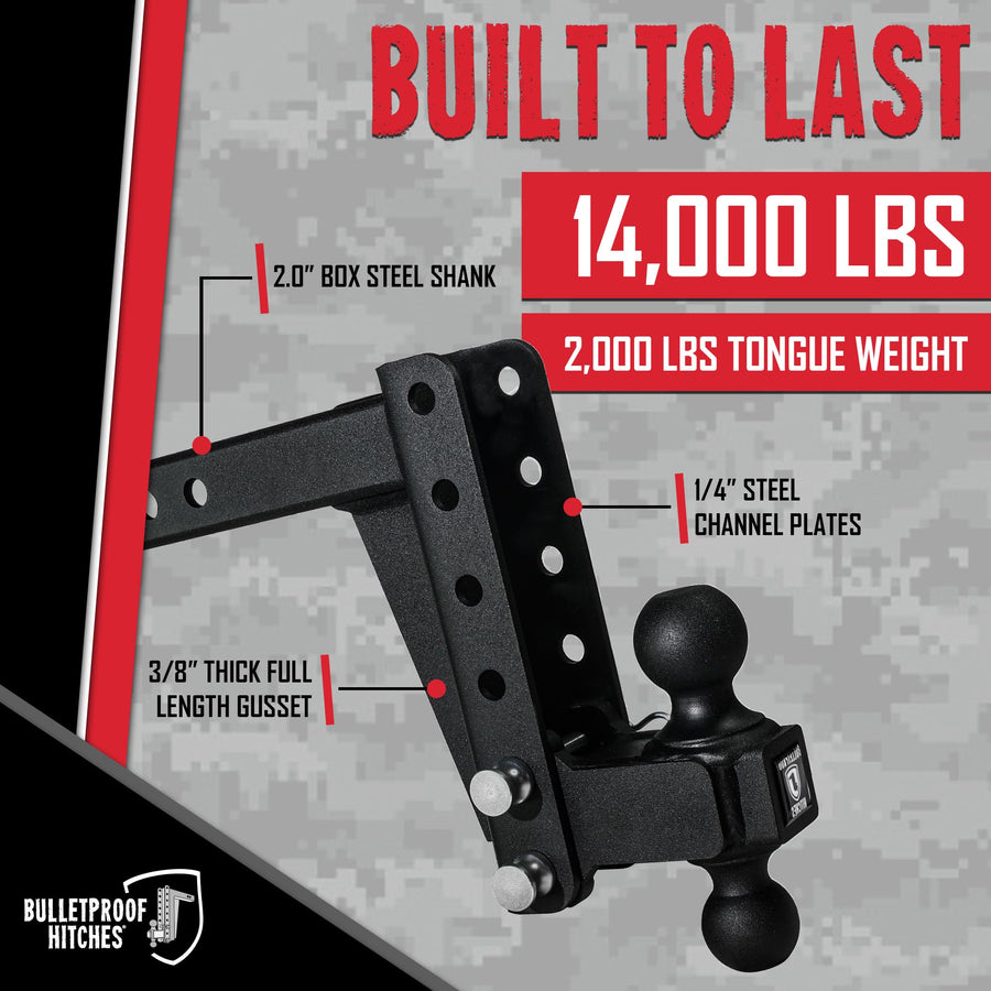 2.0" BulletProof Hitches Adjustable Medium Duty Trailer Hitch (14,000 lb. Rating) - 6" Drop/Rise Trailer Hitch with 2" & 2-5/16" Dual Ball - Powder Coat, Box Steel, Corrosion-Resistant