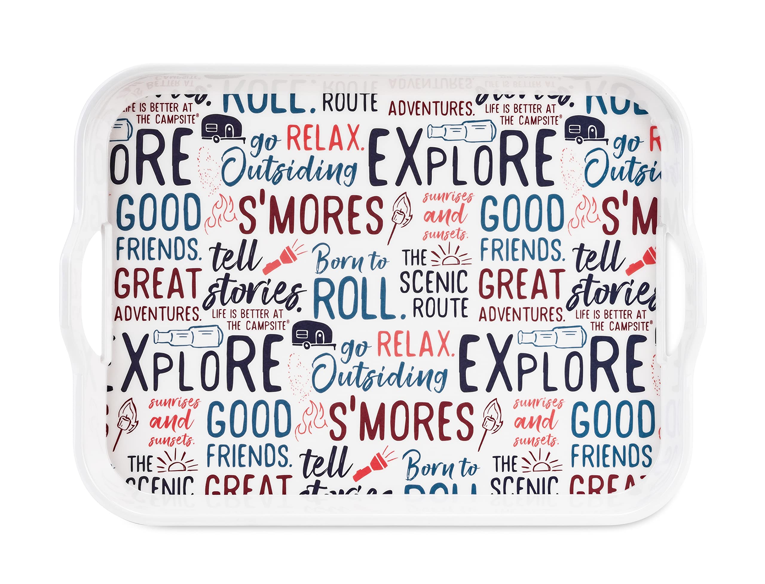 Camco Melamine RV Serving Tray is Better at the Campsite Life - Features Camping/RV Themed Design - Great for Kitchen Prep, Picnics, Grilling, and More - Serving Platter is Dishwasher Safe (53486)