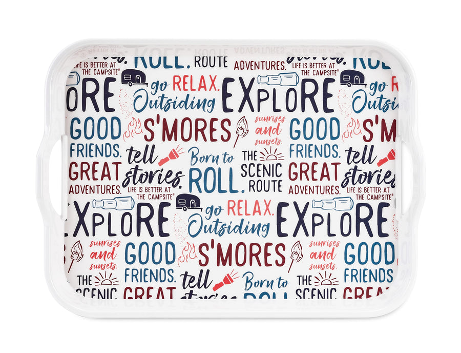 Camco Melamine RV Serving Tray is Better at the Campsite Life - Features Camping/RV Themed Design - Great for Kitchen Prep, Picnics, Grilling, and More - Serving Platter is Dishwasher Safe (53486)