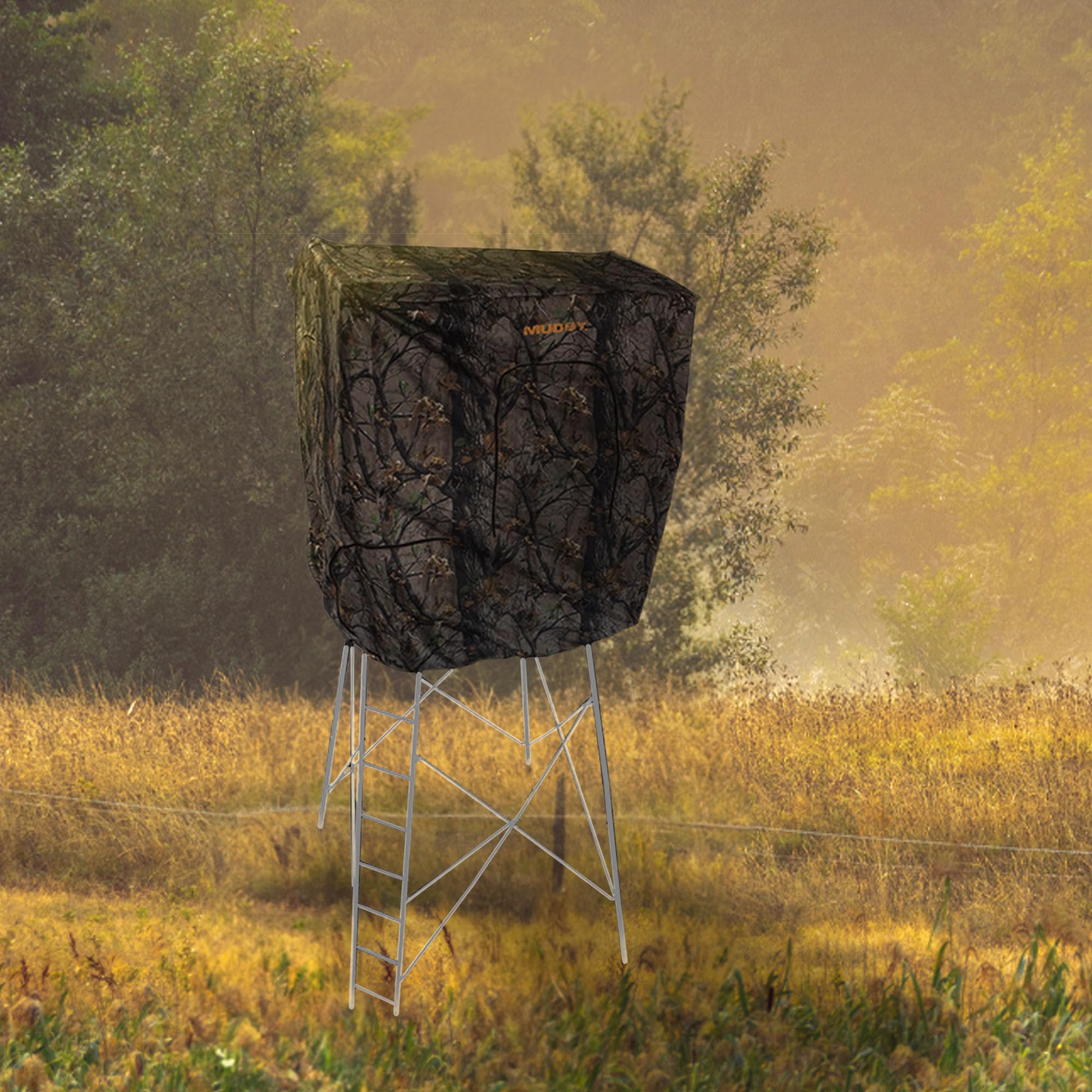 7' Tall MUDDY Quad Pod Steel Hunting Blind Cover with 4 Zippered Windows (Stand Not Included) - Portable Camouflage Shelter and Gear