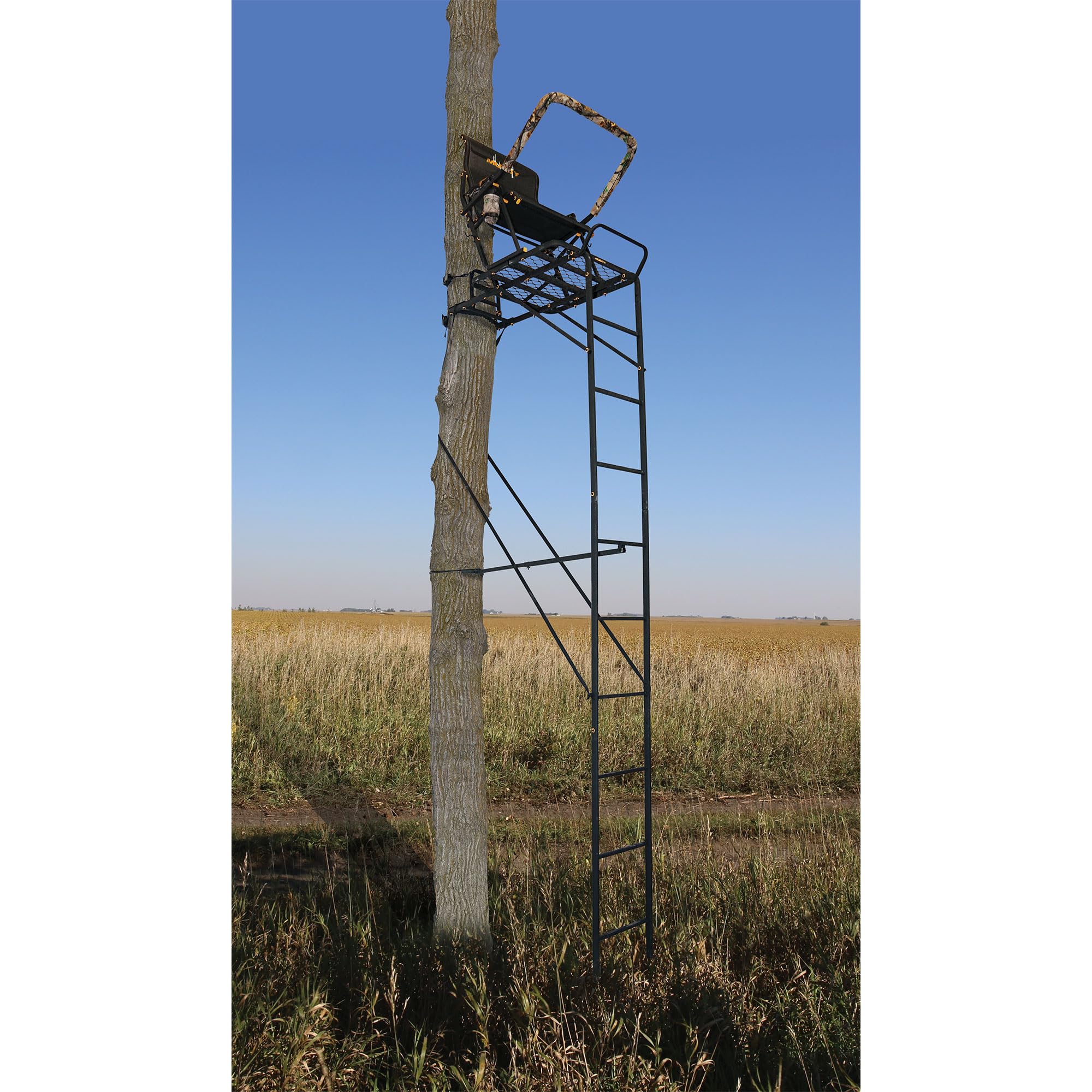 Muddy 1.5 Boss Hawg Deer Hunting Ladderstand, 17 Foot 1 Person Climbing Tree Stand with Lumbar Seat and Expanded D-Force Metal Platform