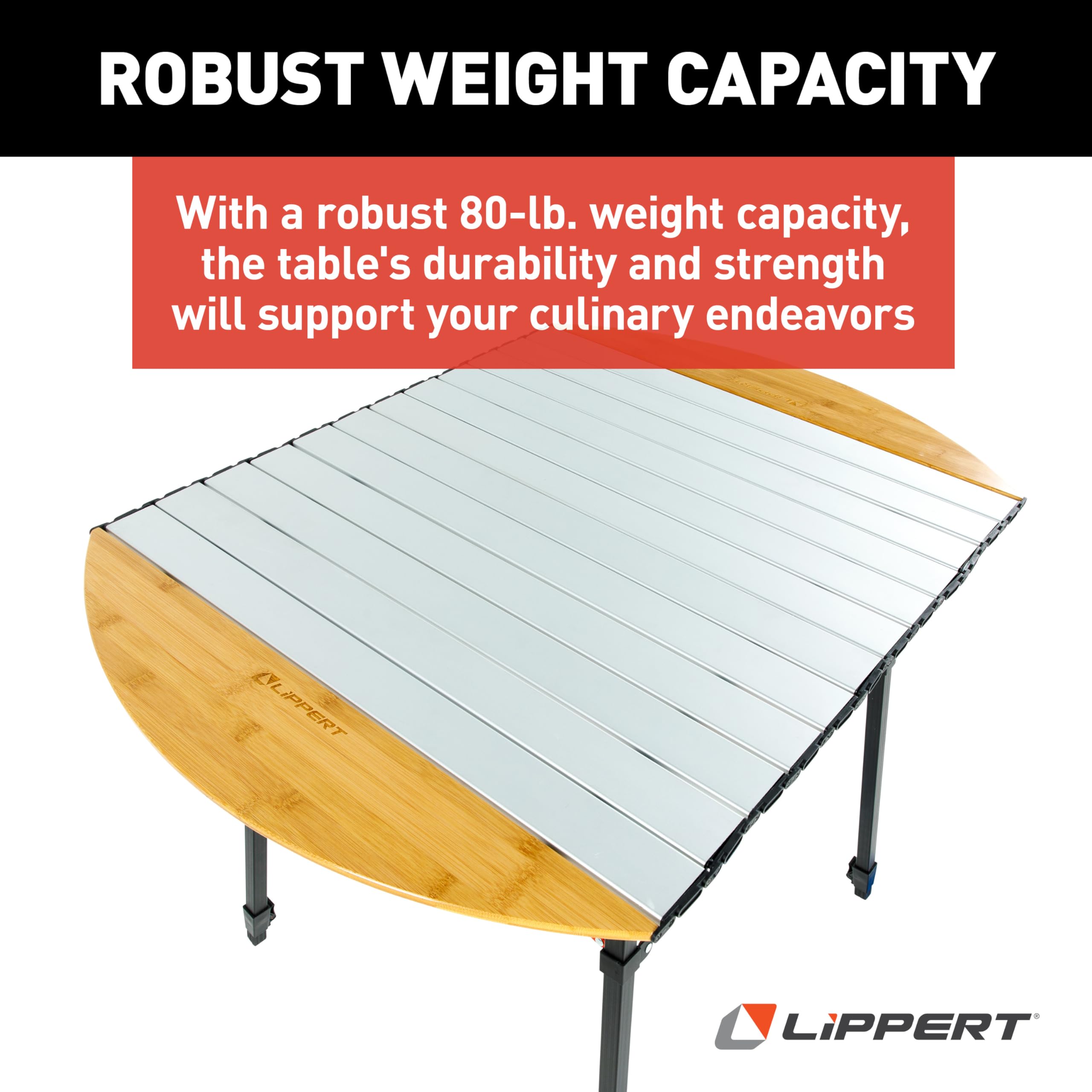 Bamboo/Hammer Grey Lippert Roll Top Camping Table with Powder-Coated Aluminum Top/Frame, Durable Bamboo Edges, Foldable Design, Adjustable Legs, Lightweight Construction - 2023053727