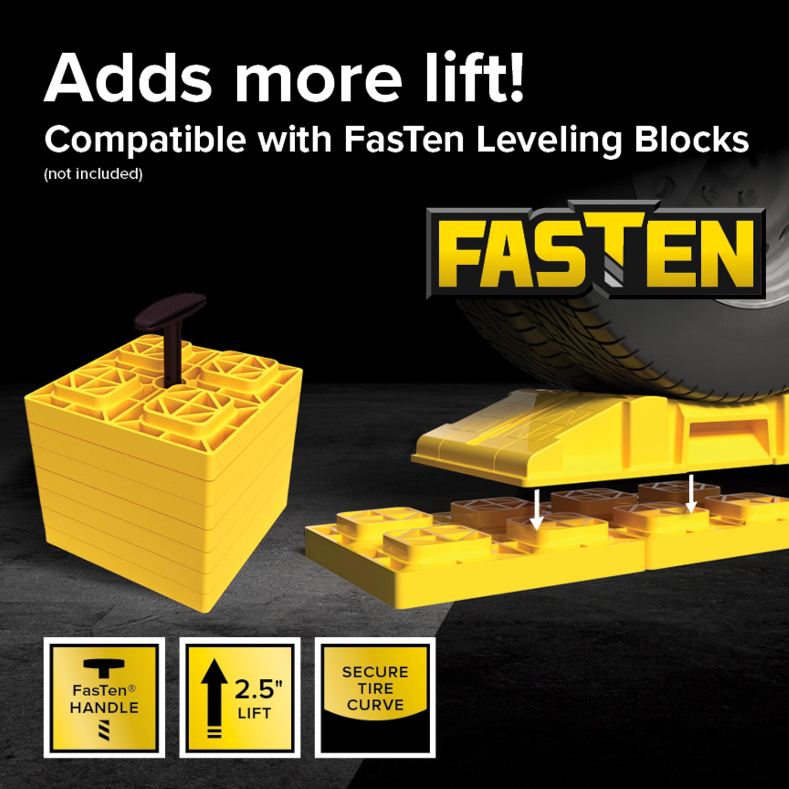 Camco Premium Fasten RV Leveling Trailer Ramps w/Convenient Handle - Nesting Design for RV Storage - Compatible w/Square Leveling Blocks - 2-Pack (44535)