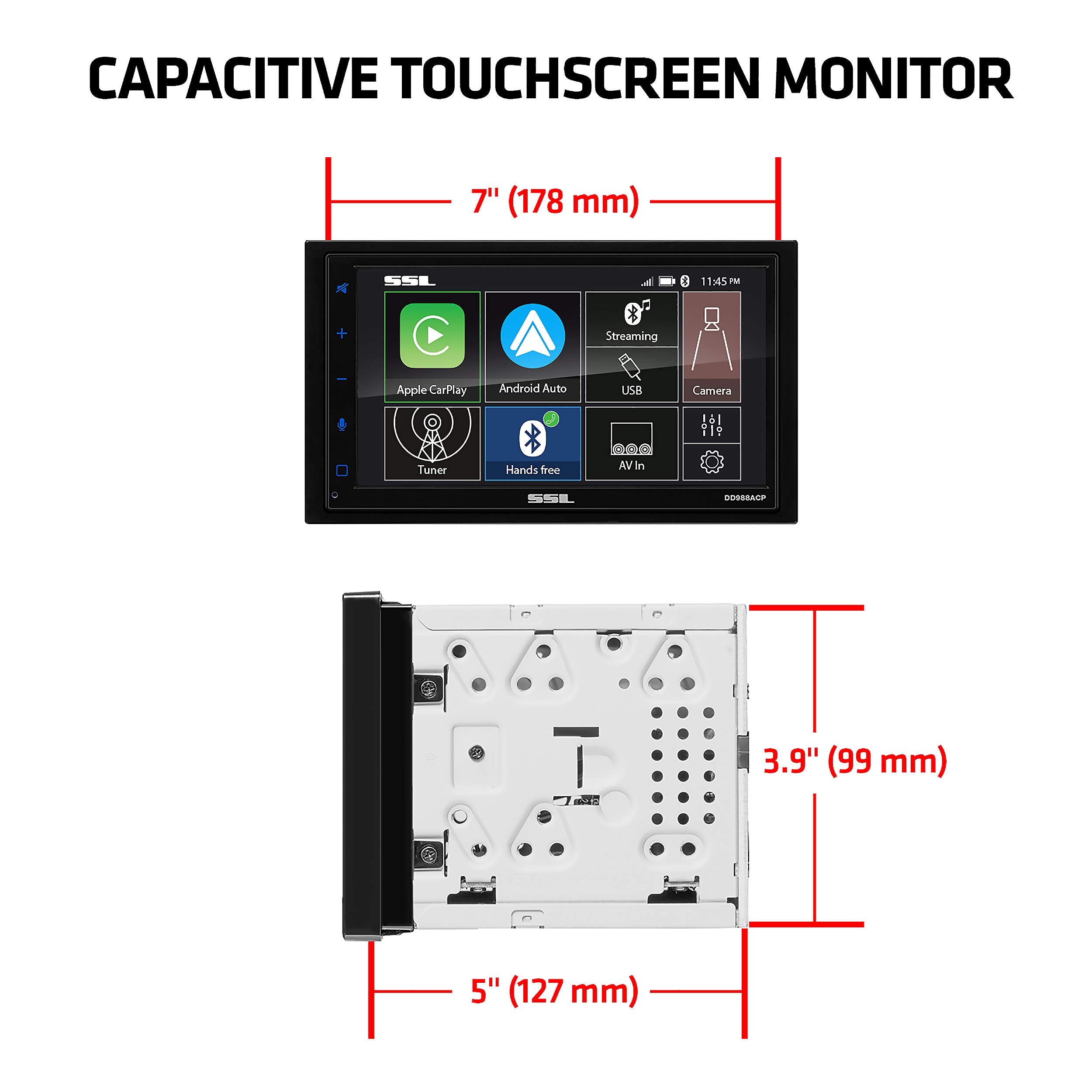 Sound Storm Laboratories Car Audio DD988ACP System - Android Auto, Double-Din with 6.75 Inch Capacitive Touchscreen, Bluetooth Audio and Calling Head Unit, No CD Player, Radio Receiver