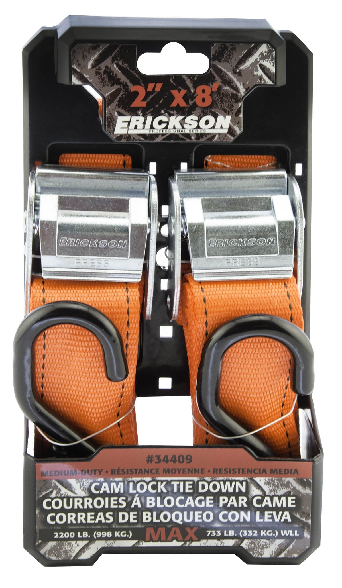2" x 8' Cam Lock Buckle Tie-Down Strap, Erickson 34409 Pro Series (Pack of 2)