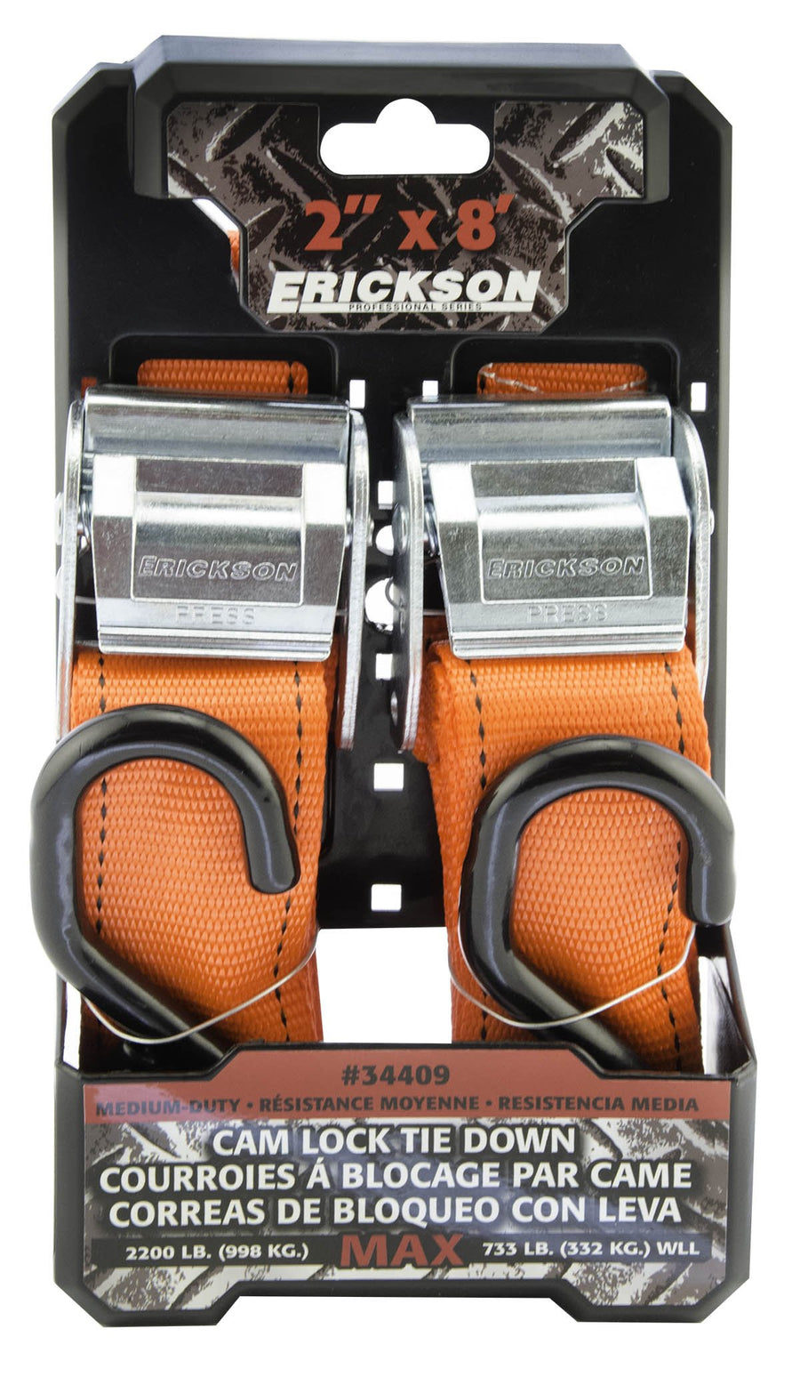 2" x 8' Cam Lock Buckle Tie-Down Strap, Erickson 34409 Pro Series (Pack of 2)