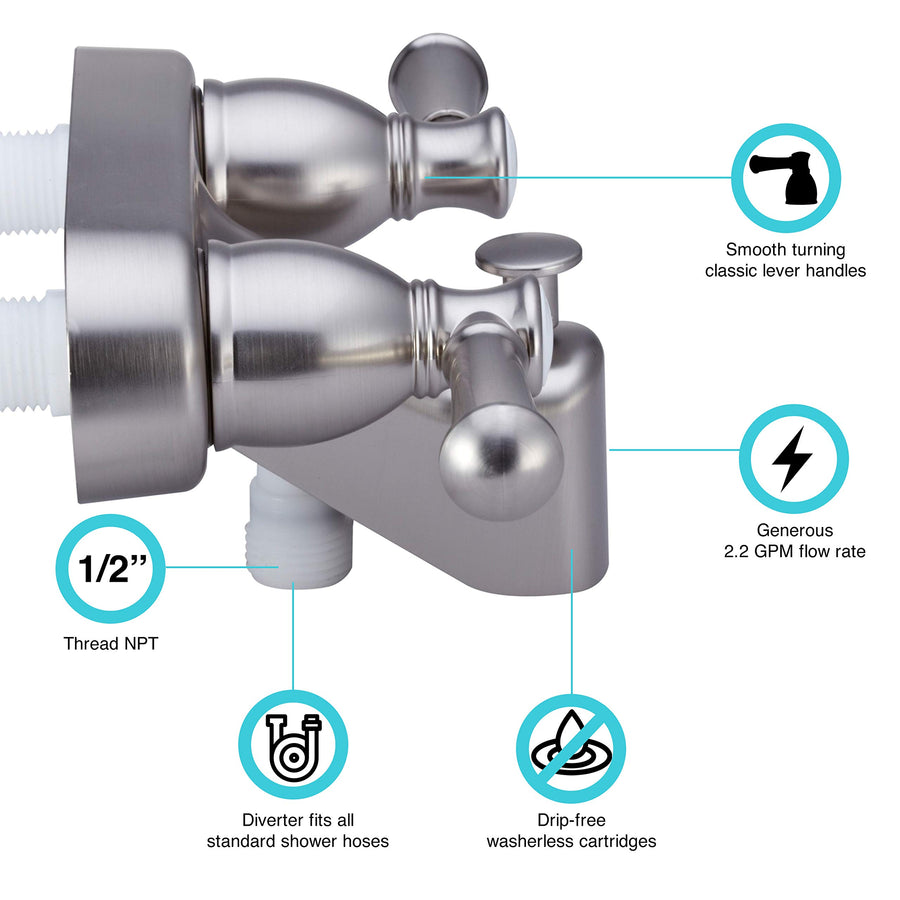 Dura Faucet RV Tub & Shower Faucet Valve Diverter DF-SA110L-SN with Hot/Cold Handles (Brushed Satin Nickel)