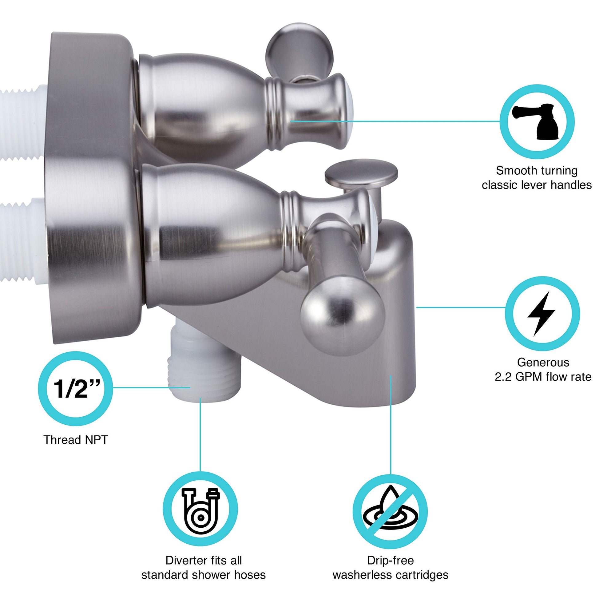 Dura Faucet RV Tub & Shower Faucet Valve Diverter DF-SA110L-SN with Hot/Cold Handles (Brushed Satin Nickel)
