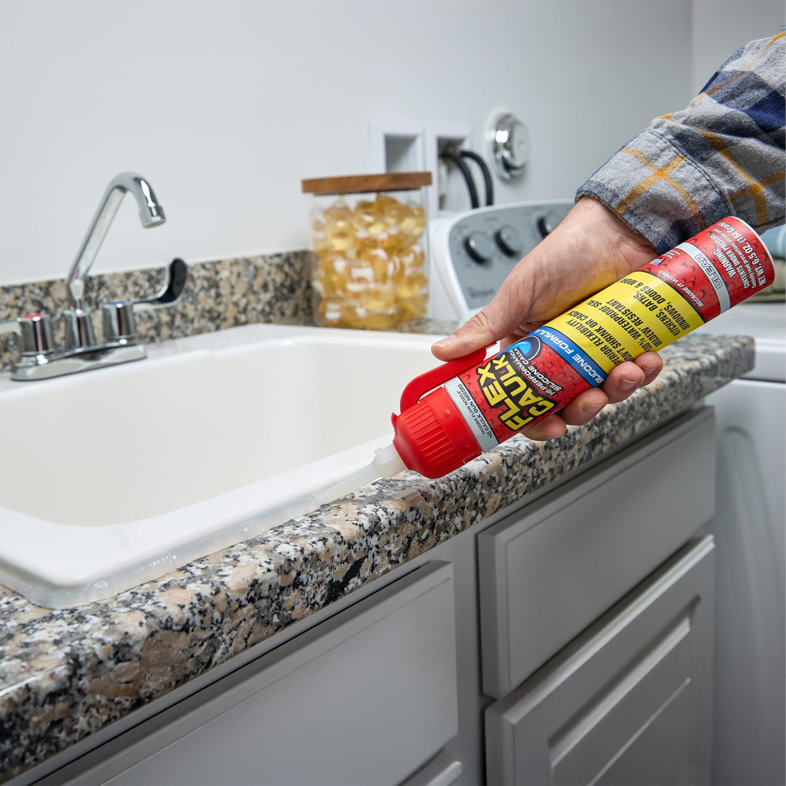 Silicone Flex Caulk, Waterproof & Weatherproof Sealant, Strong, Indoor, Outdoor, Bath, Kitchen, Shower, Sink, Window, Baseboards, Door, RV, Roof, Wood, Glass, Tile, Marine, Clear, 6.5 oz, 1-Pack