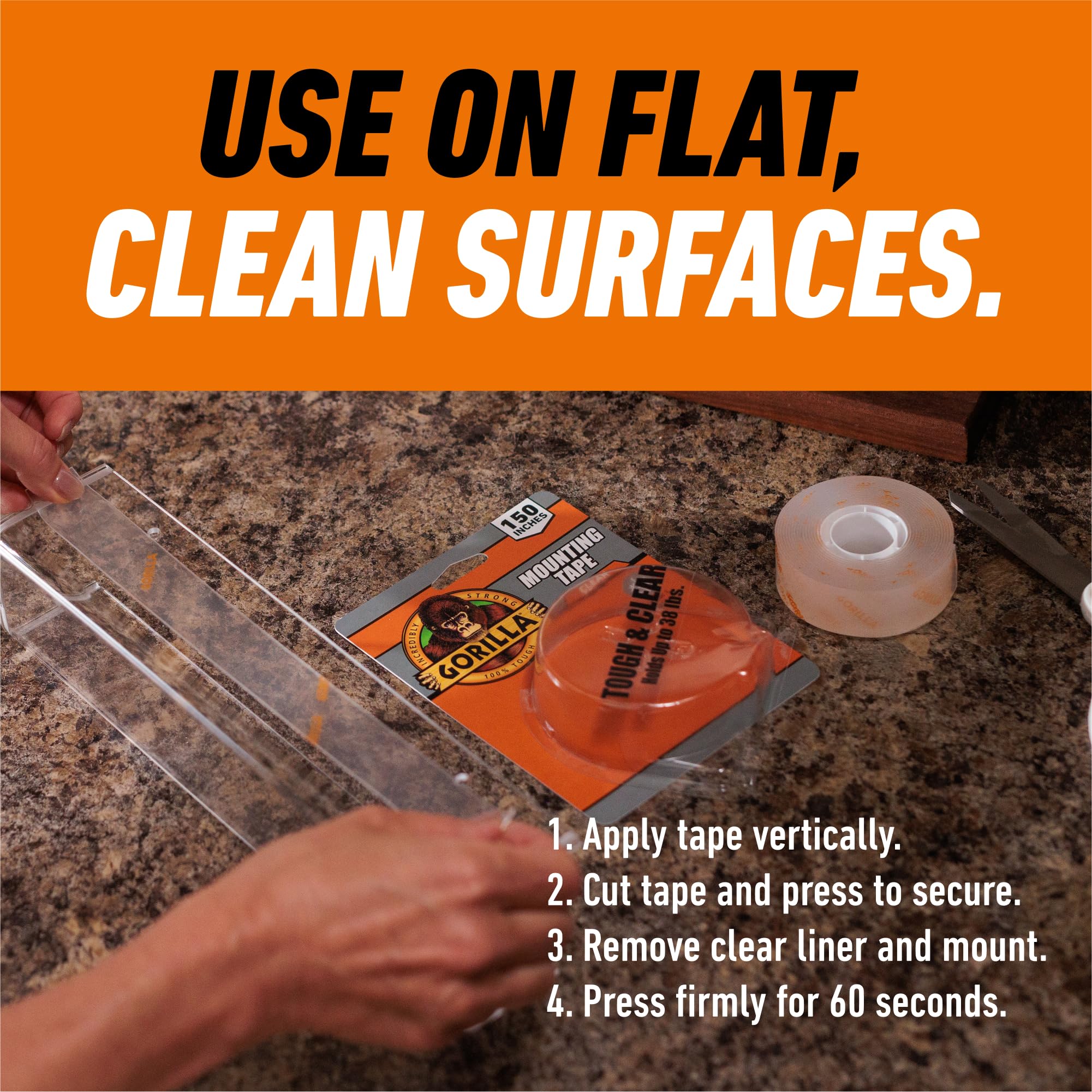 Gorilla Double Sided Tough & Clear Mounting Tape, Clear Tape, 1" x 150" (Pack of 1) - Weatherproof for Indoor or Outdoor