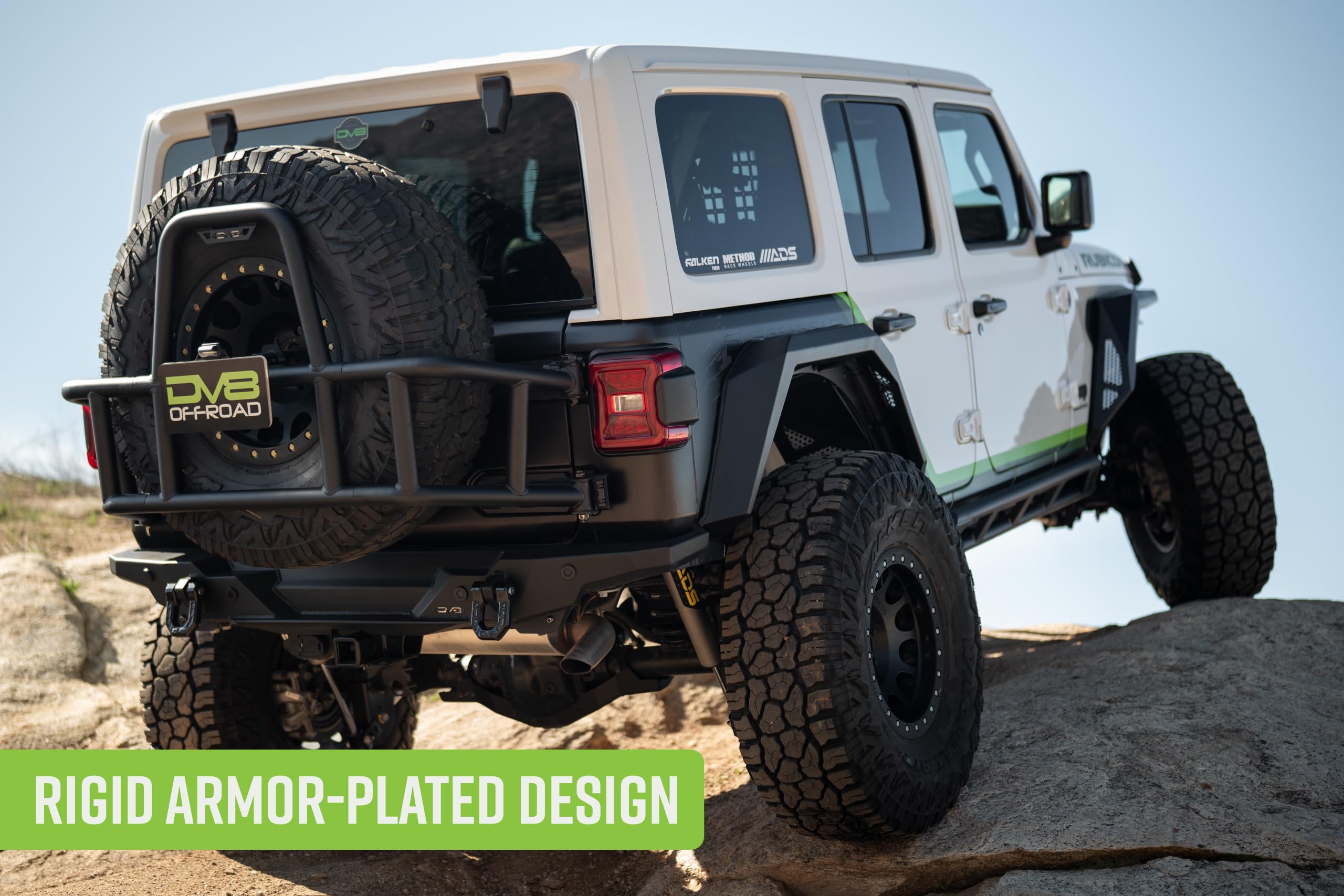 Armor Fender Flares DV8 Offroad for 2018-2025 Jeep Wrangler JL | Narrow Width | Rigid Armor-Plated Steel Design | (2) Amber Turn Signals | Paintable Mesh Aluminum Accent Panels | Powder Coated Black