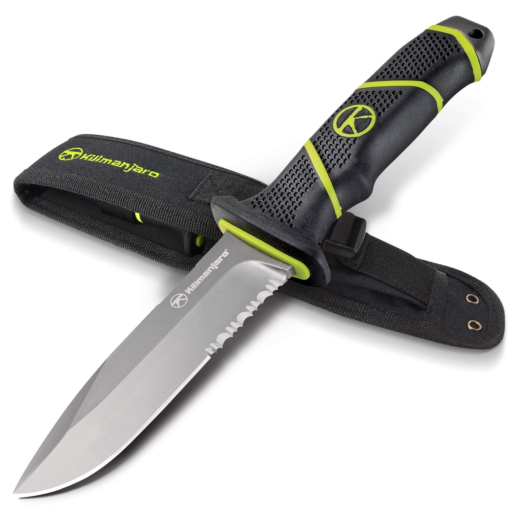 Kilimanjaro 10 Inch Kibo Fixed Blade Knife – 8Cr13MoV Semi-Serrated Stainless Steel Drop Point Blade, Rubberized High-Grip Handle, MOLLE Sheath, Outdoor Survival Hunting Knife – 910091