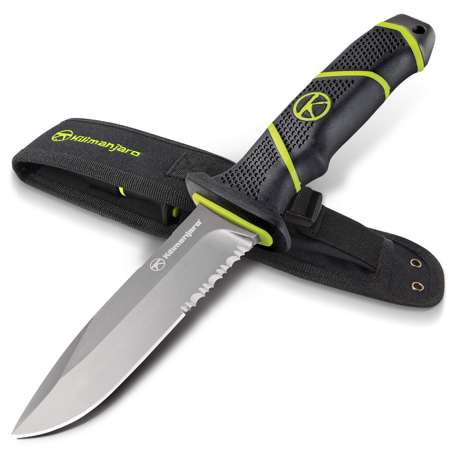 Kilimanjaro 10 Inch Kibo Fixed Blade Knife – 8Cr13MoV Semi-Serrated Stainless Steel Drop Point Blade, Rubberized High-Grip Handle, MOLLE Sheath, Outdoor Survival Hunting Knife – 910091