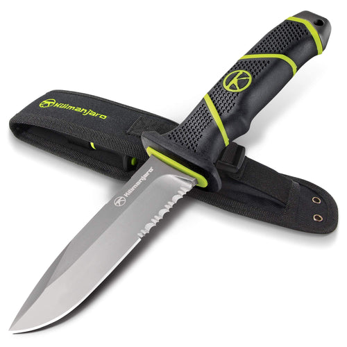 Kilimanjaro 10 Inch Kibo Fixed Blade Knife – 8Cr13MoV Semi-Serrated Stainless Steel Drop Point Blade, Rubberized High-Grip Handle, MOLLE Sheath, Outdoor Survival Hunting Knife – 910091
