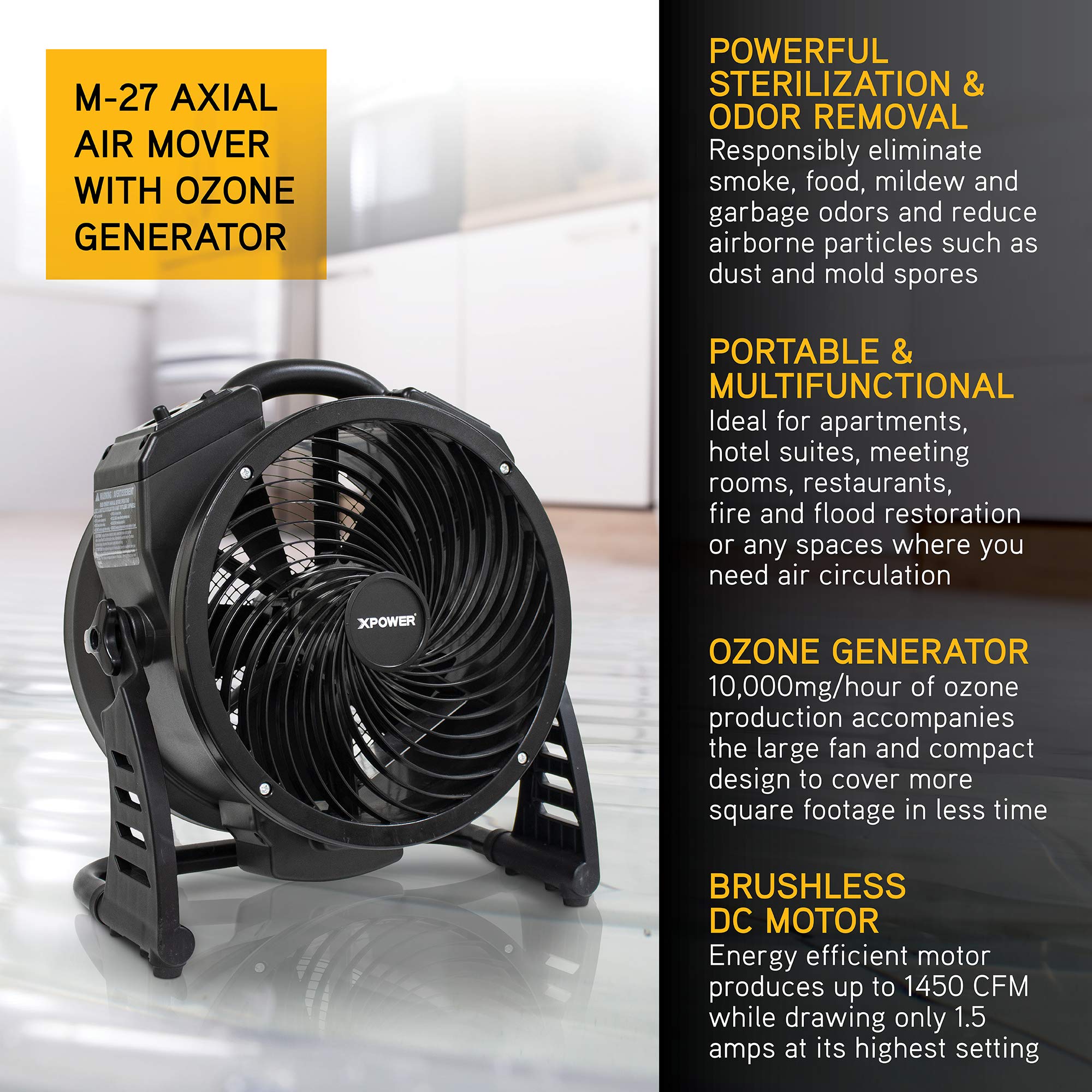 Air Neutralizing Fan XPOWER M-27, Axial Air Mover w/Ozone Generator, O3 Machine, Commercial, High Capacity, Large Areas, Sanitization, Odor Removal