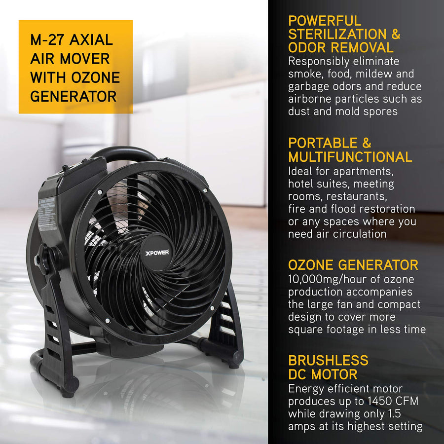 Air Neutralizing Fan XPOWER M-27, Axial Air Mover w/Ozone Generator, O3 Machine, Commercial, High Capacity, Large Areas, Sanitization, Odor Removal