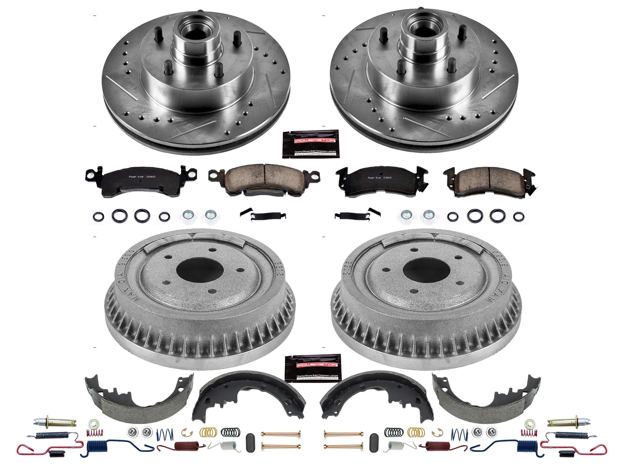 Power Stop K15019DK Z23 Carbon Fiber Brake Pads Front and Rear with Drilled & Slotted Brake Drums Kit