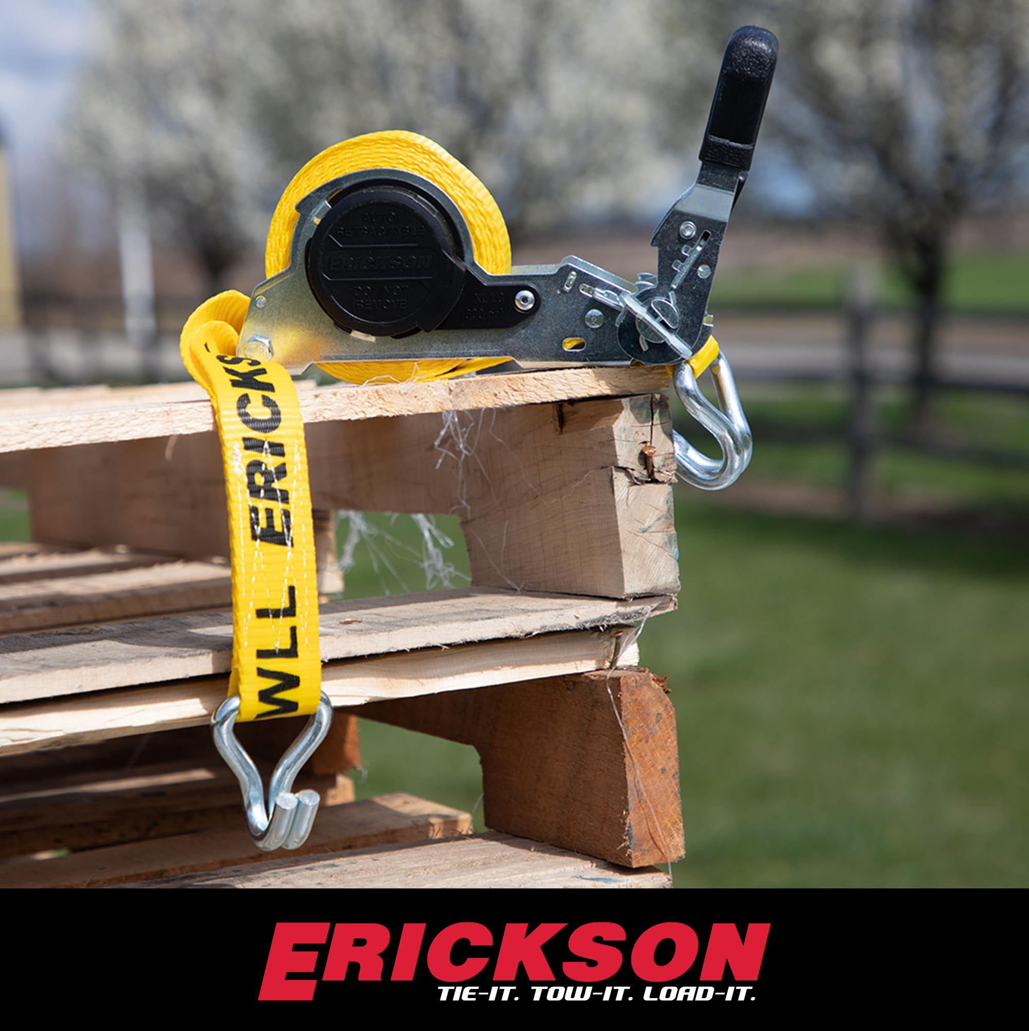 Retractable Erickson Ratchet Tie Down Strap - 1.5 in x 16 ft - 5,000 lb Break Strength, Self-Locking Mechanism, Heavy-Duty Yellow Polyester Webbing for Trucks, Trailers, ATVs, UTVs