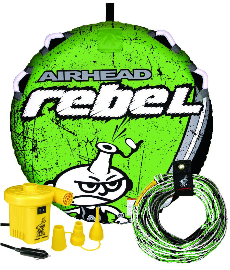 Airhead Towable Kit Rebel 1 Rider Tube with Rope And Pump, Kwik-Connect Tow, Double-Stitched Full Nylon Cover and Speed Safety Valve for Easy Inflating and Deflating