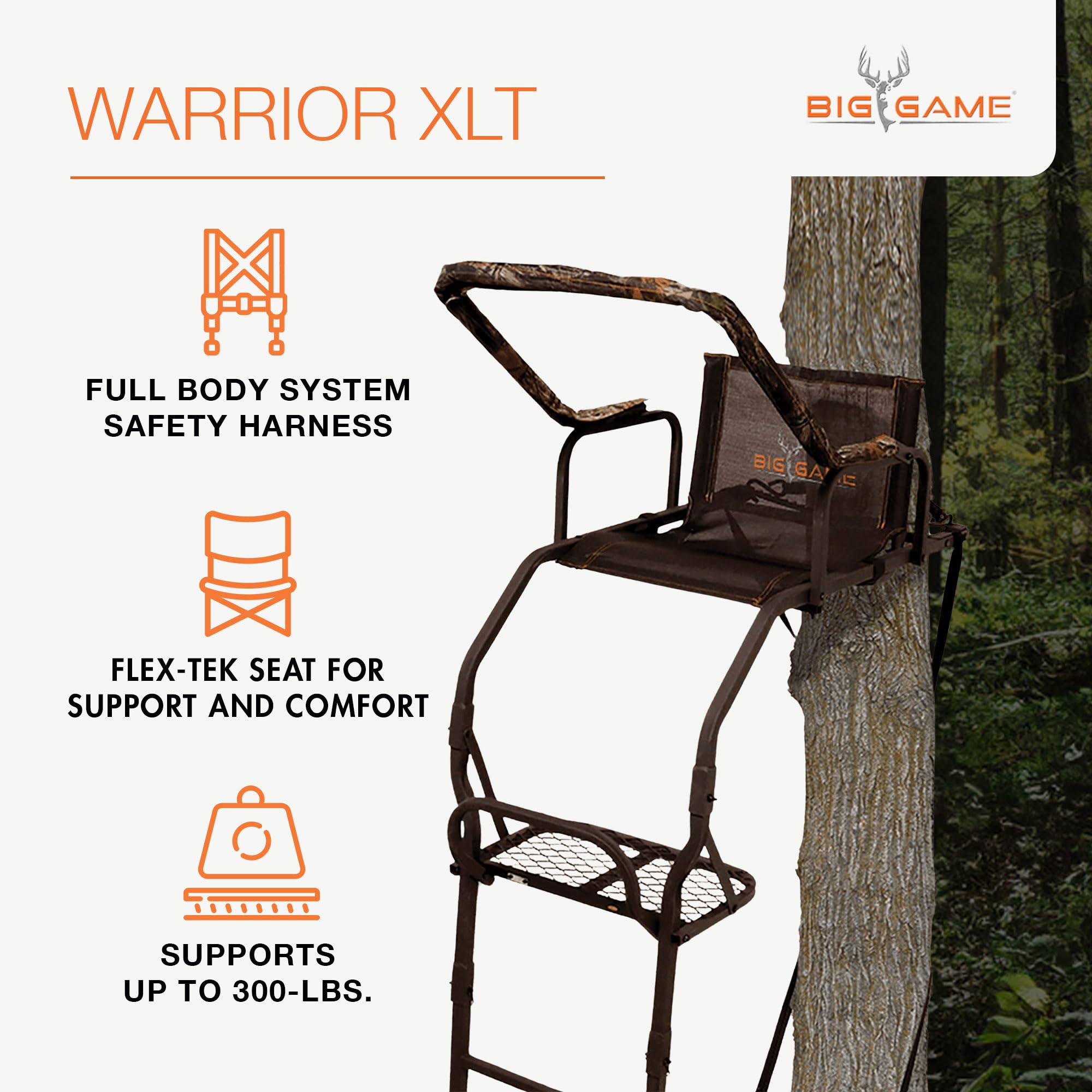 1-Person BIG GAME Ladder Tree Stand for Hunting Deer, Flex-Tek Seat, 17' Tall, Black - Adjustable Climbing Treestand with Platform and Safety Harness for Shooting