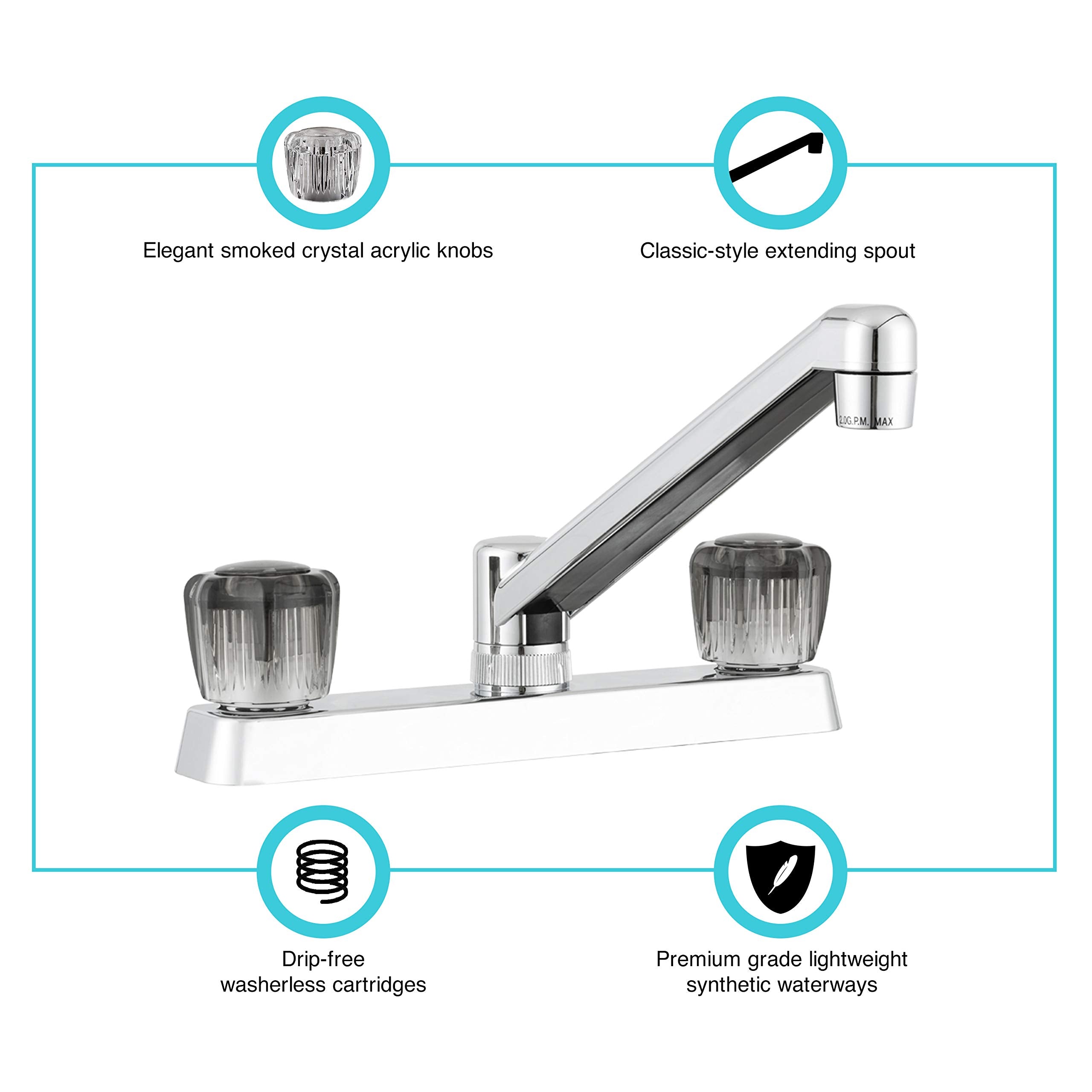 Dura Faucet Two Handle RV Kitchen Sink Faucet with Smoked Crystal Acrylic Knobs