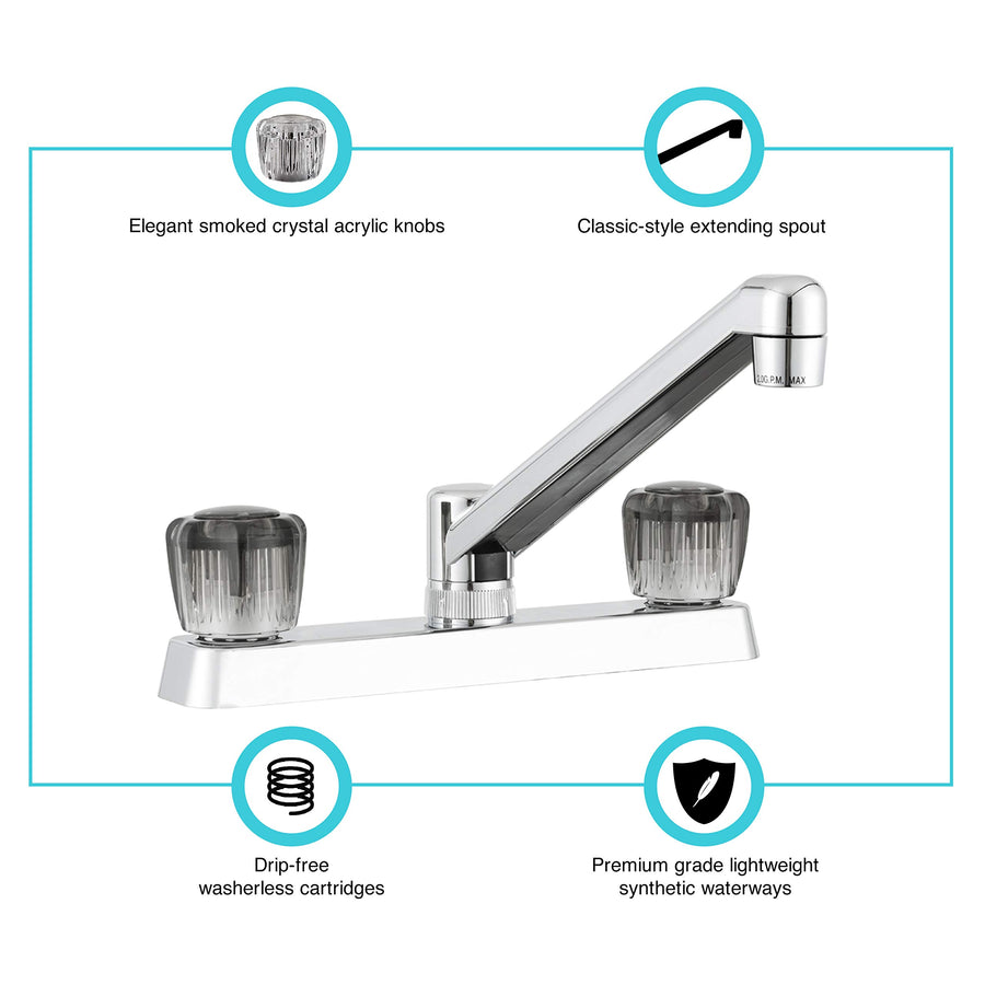 Dura Faucet Two Handle RV Kitchen Sink Faucet with Smoked Crystal Acrylic Knobs