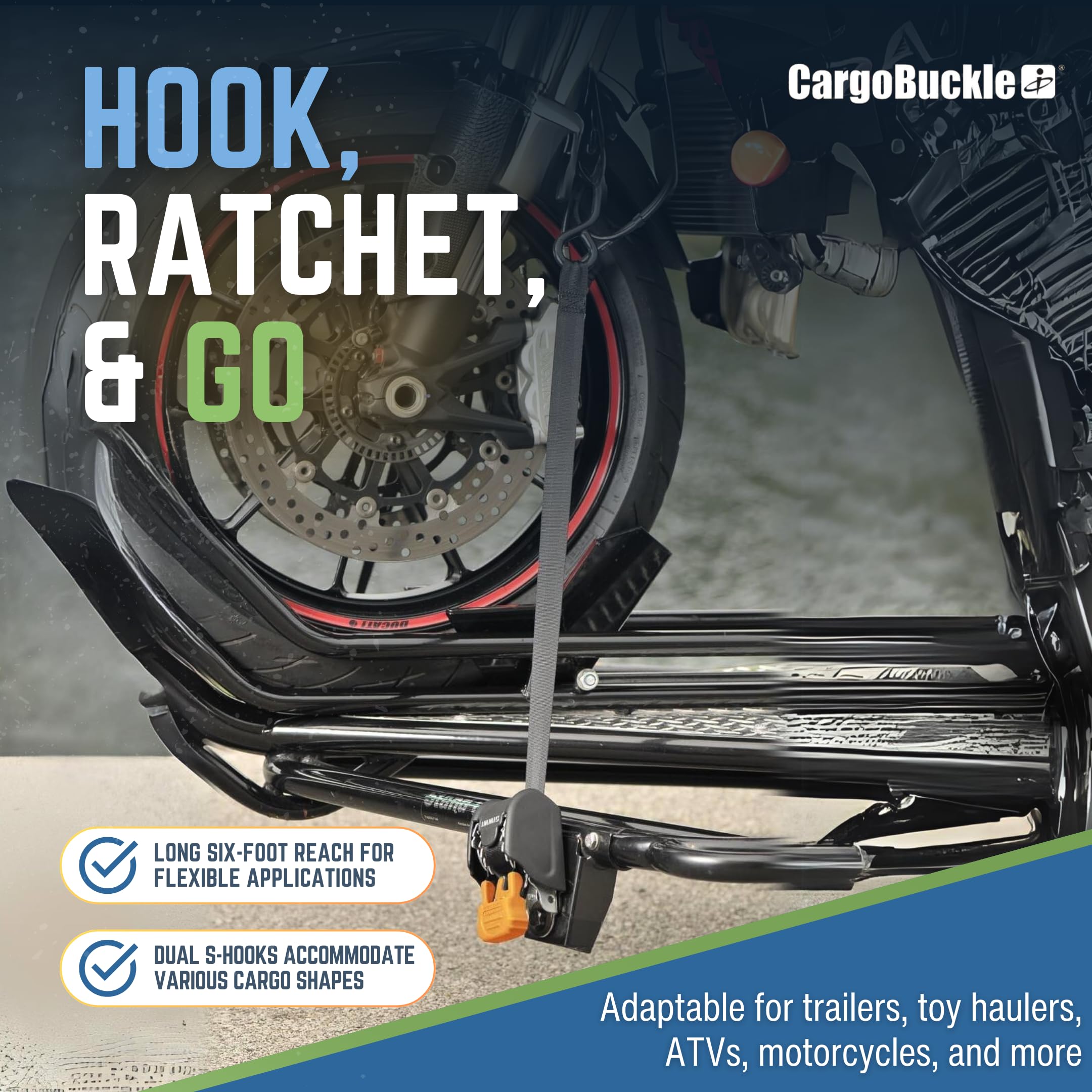 Mini G3 CargoBuckle Retractable Ratchet Straps, 1400 lbs Break Strength, 1-Inch Width X 6 ft Reach, Self Retracting Ratchet Straps for Trailers, Toy Haulers, ATVs, and Motorcycles - 2 Pack