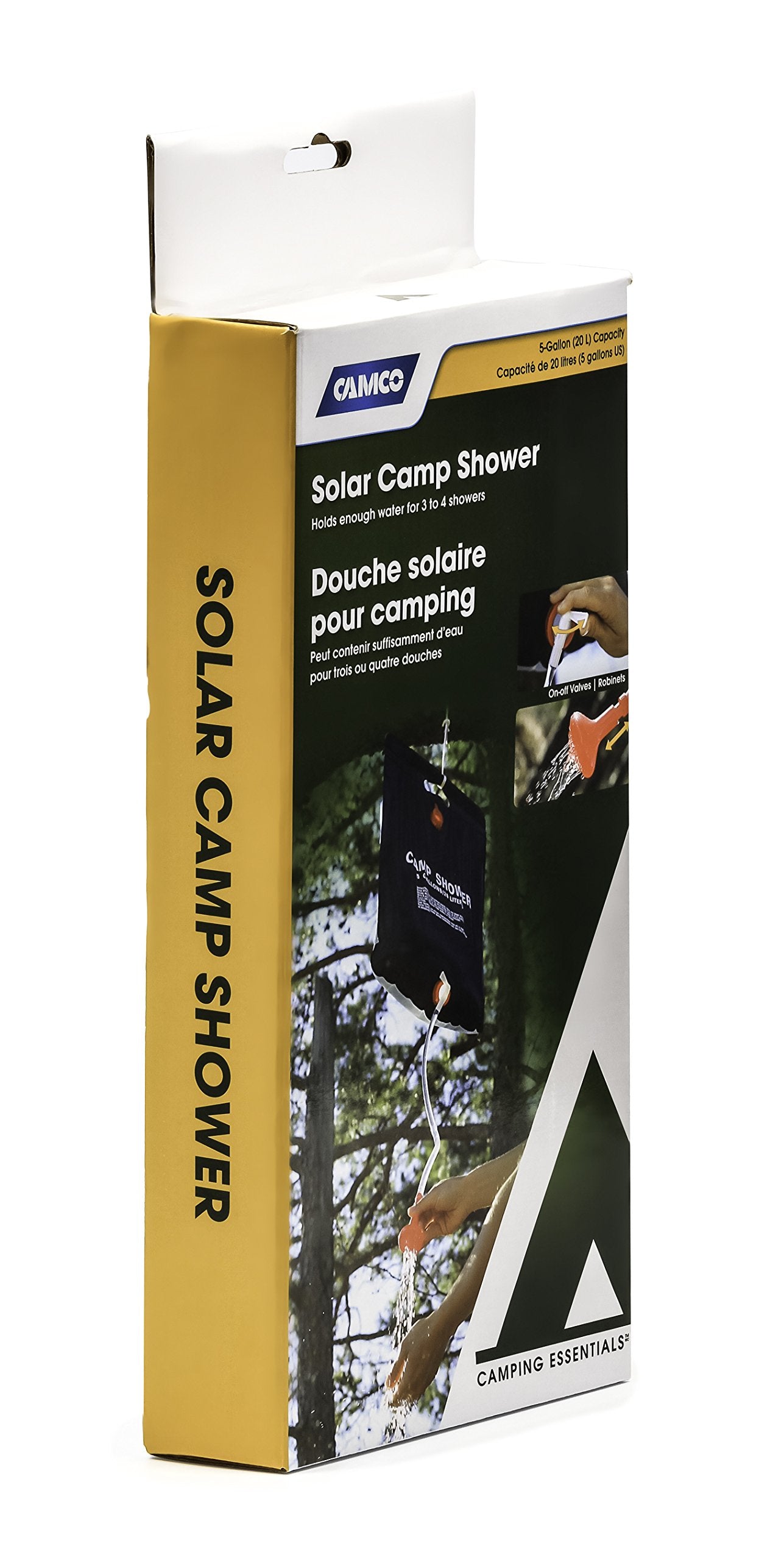 Camco Natural Outdoor Solar Shower with On-Off Valve for Campsites - Holds 5 Gallons of Water, Sufficient for 3-4 Showers, Excellent for Camping, Hiking, RVing, and Traveling (51368), White