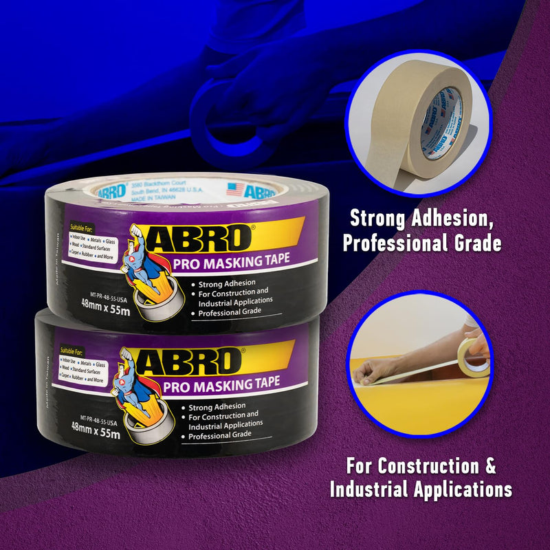 Masking Tape ABRO PRO, 24mm x 55M, All Purpose Natural Masking Tape for Temporary Labeling and Marking, Easy Tear, Clean Removal, Painters Tape for DIY and Professional Uses - Natural