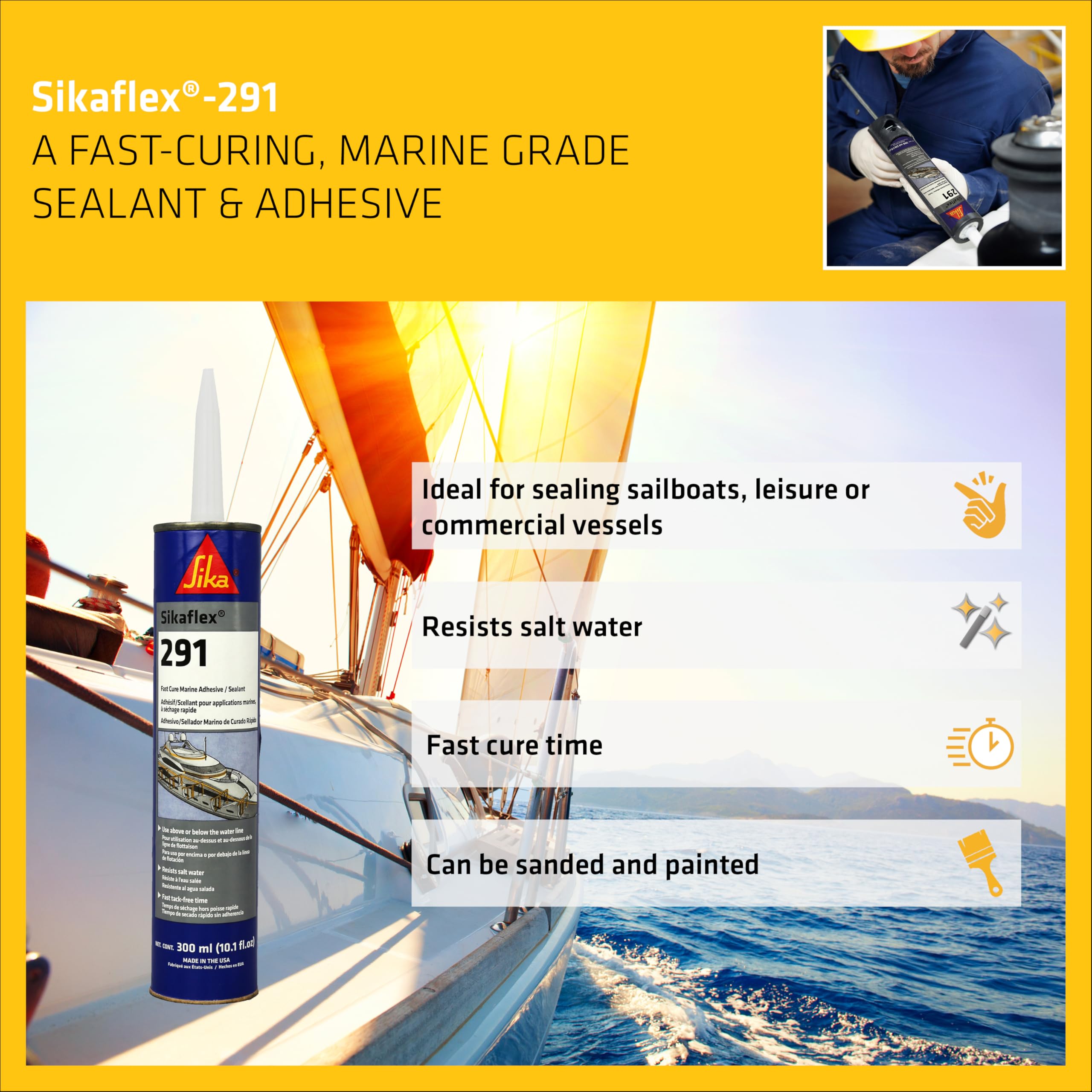 Sikaflex-291, Black, Marine Adhesive and Sealant Fast Cure, Polyurethane for Boats, Waterproof, Paintable, 10.1 fl. oz Cartridge