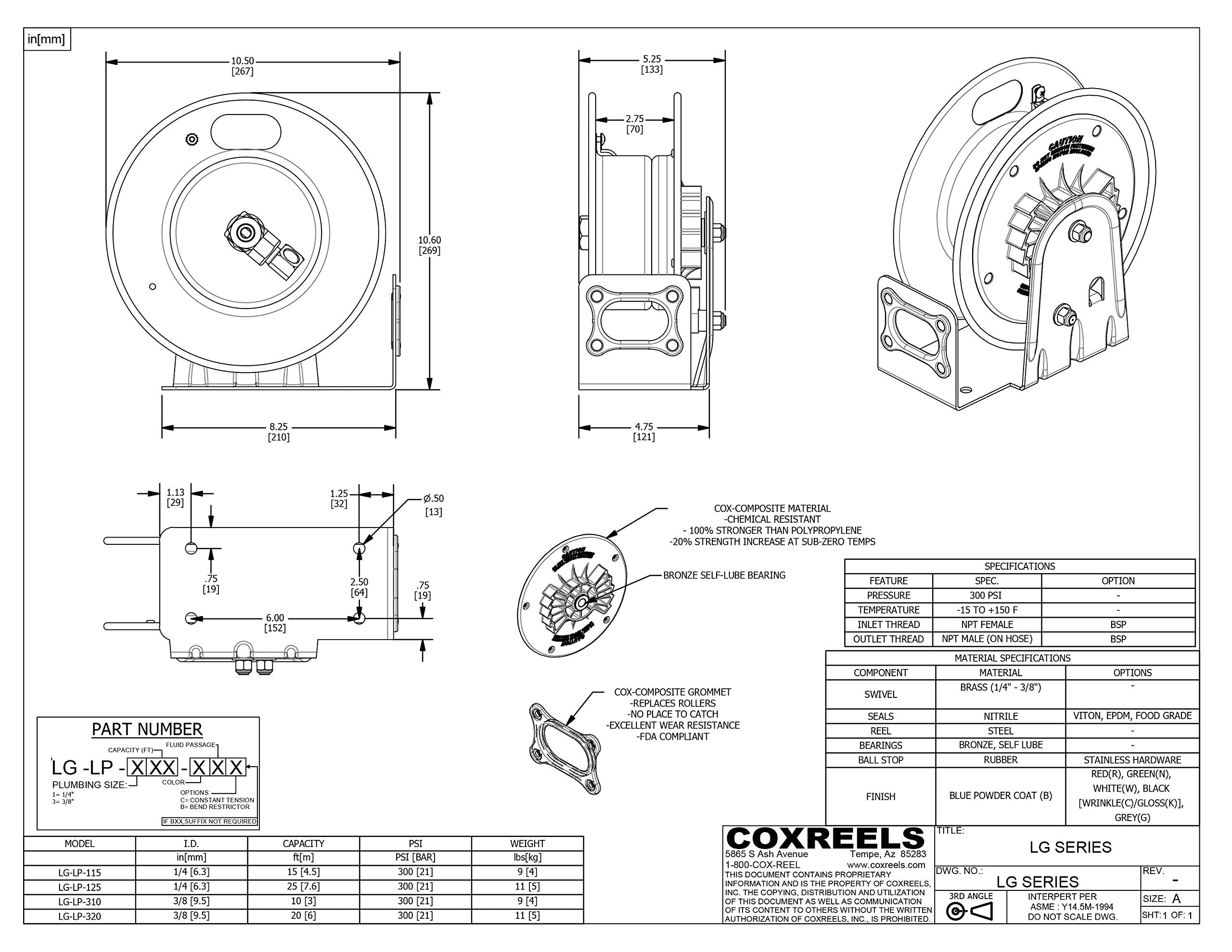 COXREELS Retractable Compact Low Pressure Spring Rewind Hose Reel LG-LP-320-HV: 3/8" I.D., 20' Hose Capacity, with high Visibility Safety Hose, 300 PSI, Made in USA