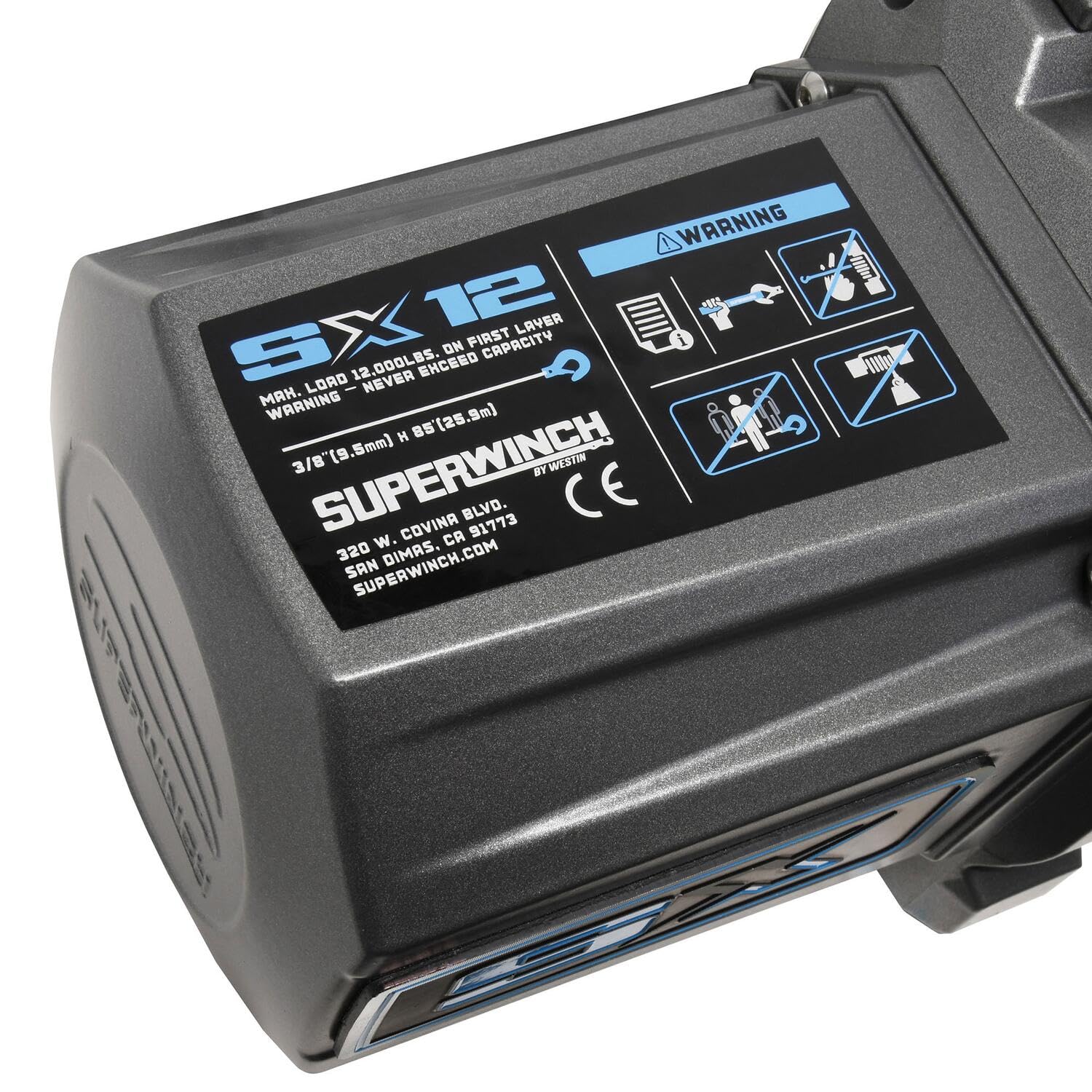 12V DC Superwinch SX12 Waterproof Recovery Winch 12,000lb/5,443kg Single Line Pull with Roller Fairlead 3/8in x 85ft Steel Wire Rope Corded Handheld Remote No-Bind Clutch