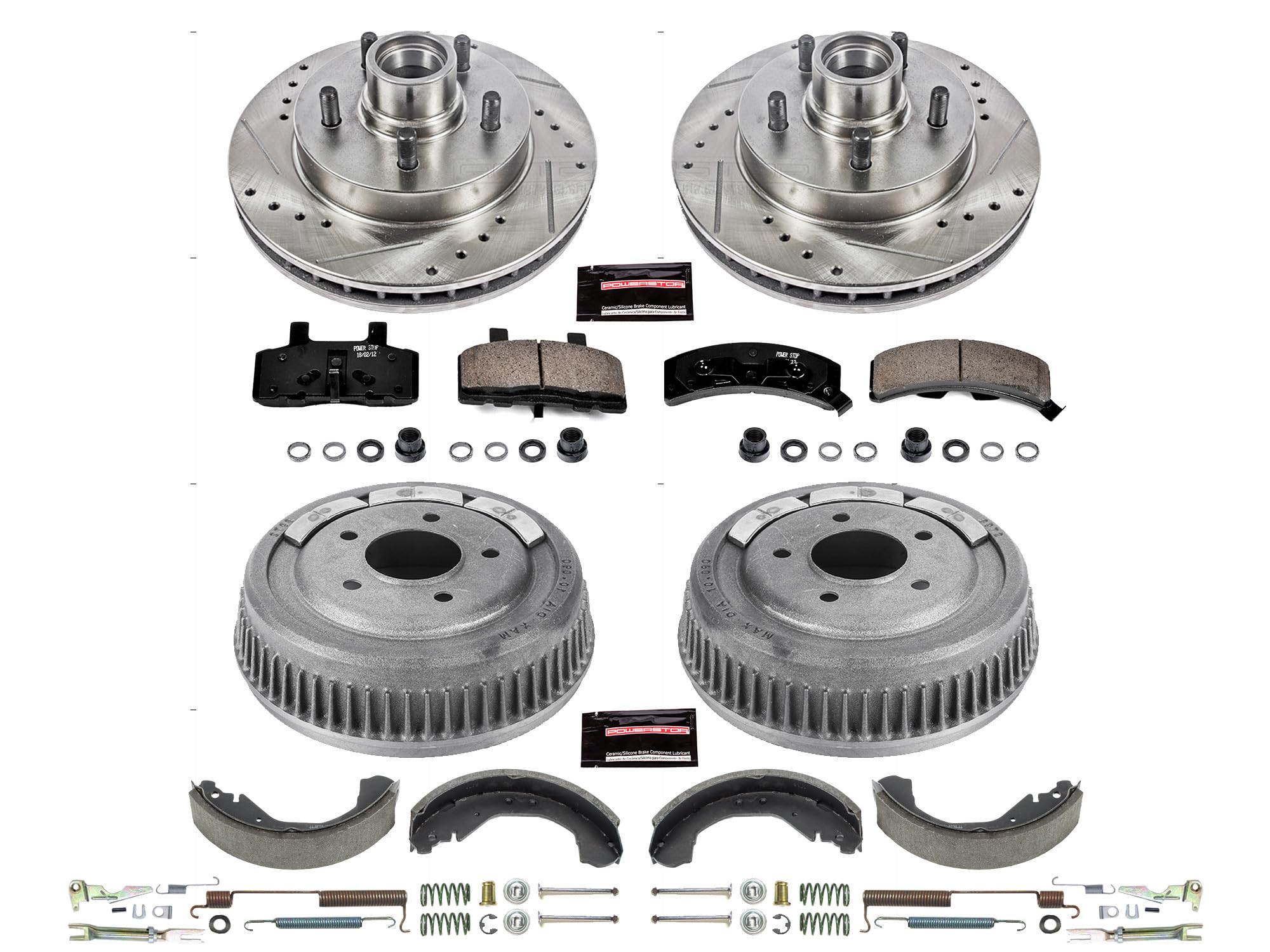 Power Stop K15138DK Z23 Carbon Fiber Brake Pads Front and Rear with Drilled & Slotted Brake Drums Kit