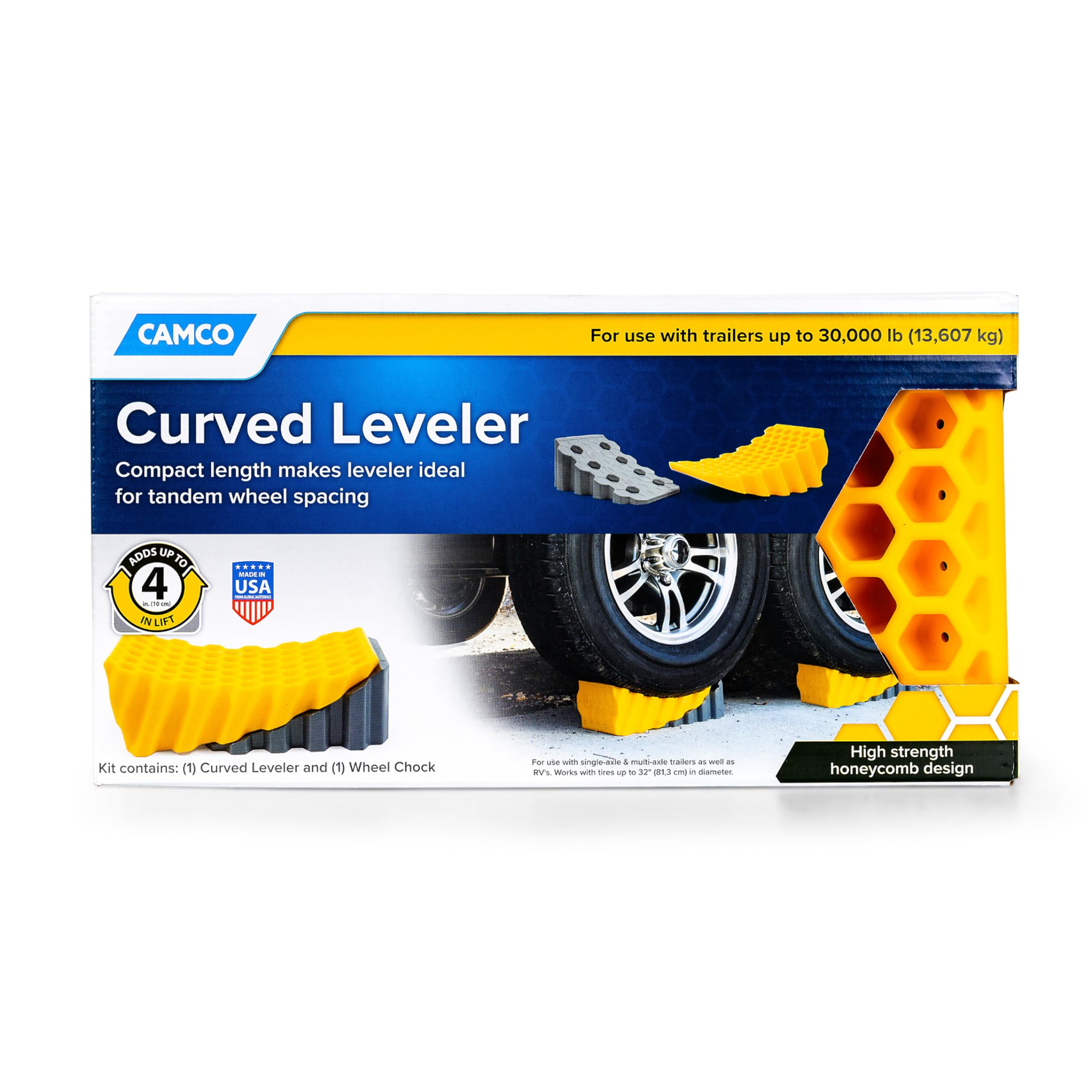 Camco Leveler Curved Camper/RV & Wheel Chock - Features Heavy Duty Honeycomb Design & Includes Non-Slip Rubber Grippers on Wheel Chock - Compatible w/Trailers Up to 30,000 lbs - 1-Pack (44423)