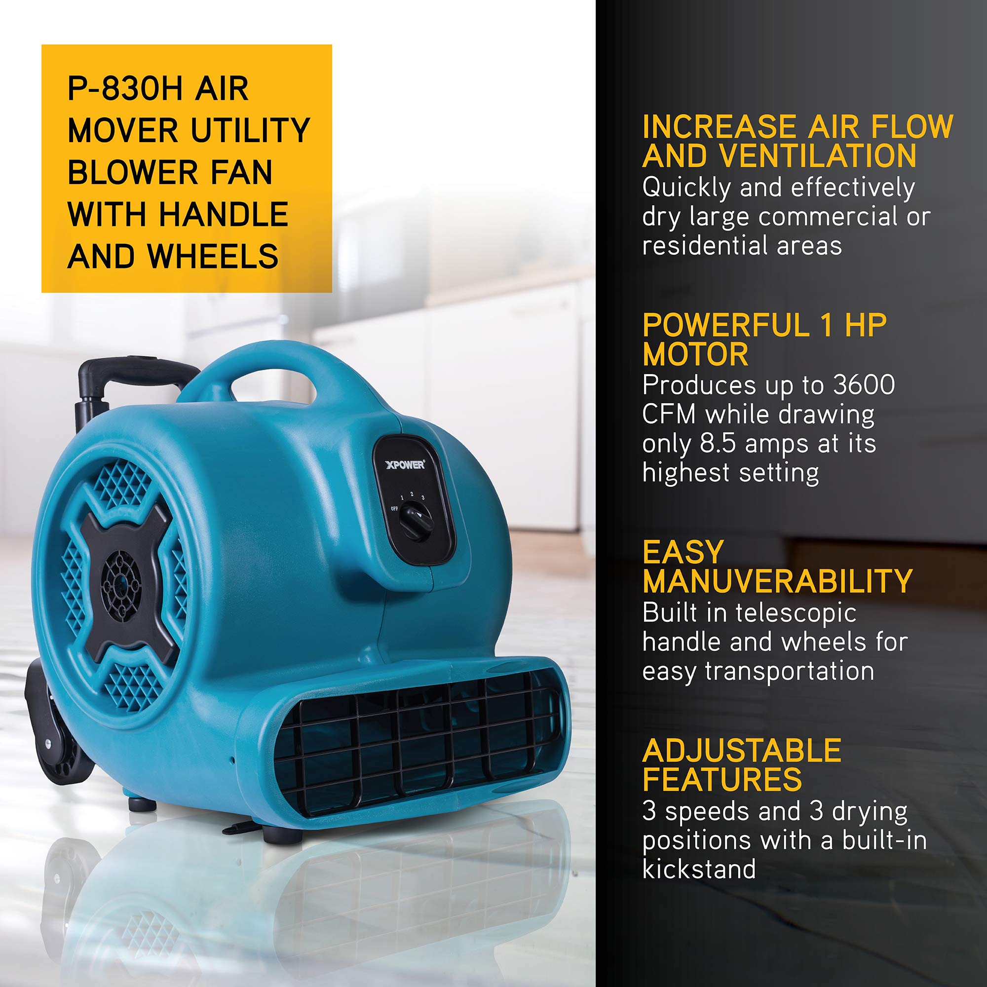 1 HP XPOWER P-830H 3600 CFM Centrifugal Air Mover, Carpet Dryer, Floor Fan, Blower, Telescopic Handle and Wheels, for Water Damage Restoration, Janitorial, Plumbing, Home Use