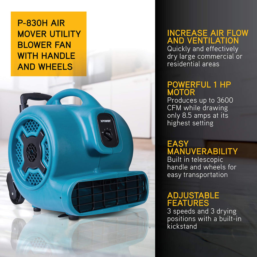 1 HP XPOWER P-830H 3600 CFM Centrifugal Air Mover, Carpet Dryer, Floor Fan, Blower, Telescopic Handle and Wheels, for Water Damage Restoration, Janitorial, Plumbing, Home Use