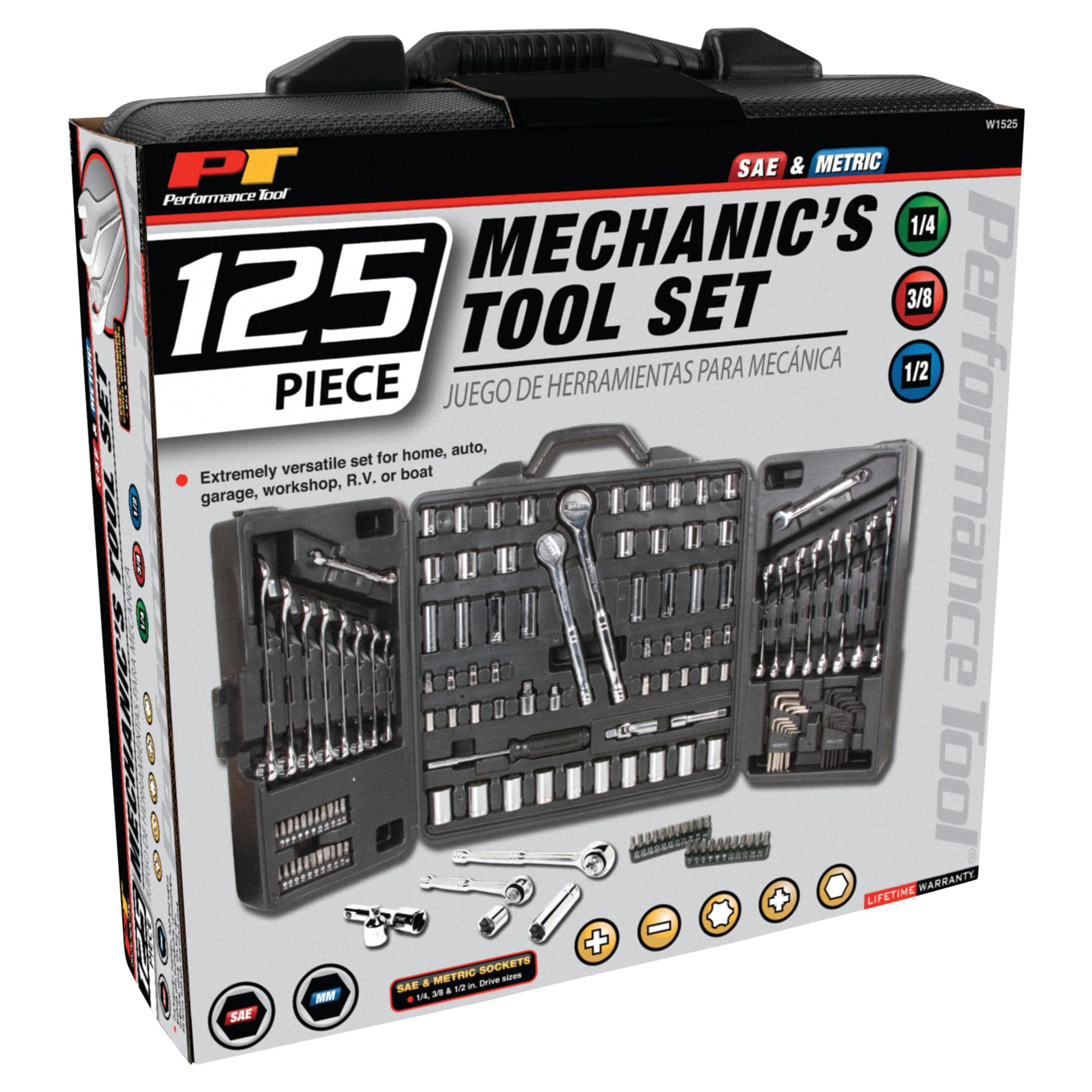 Tri-Fold Mechanic's Tool Set Performance Tool W1525 for Auto Repairs, Gray, 1/4-Inch, 3/8-Inch & 1/2-Inch Drive, 125 Pieces