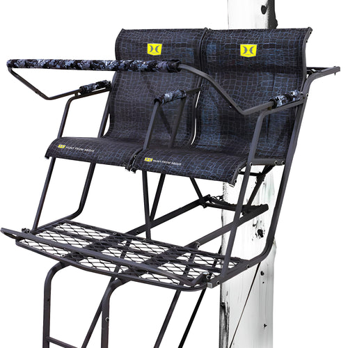 Hawk 2 Man Big Denali Climbing Tree Stand, 18 Foot Deer Hunting Ladderstand with Kick Out Footrests and Extra Large MeshComfort Seats