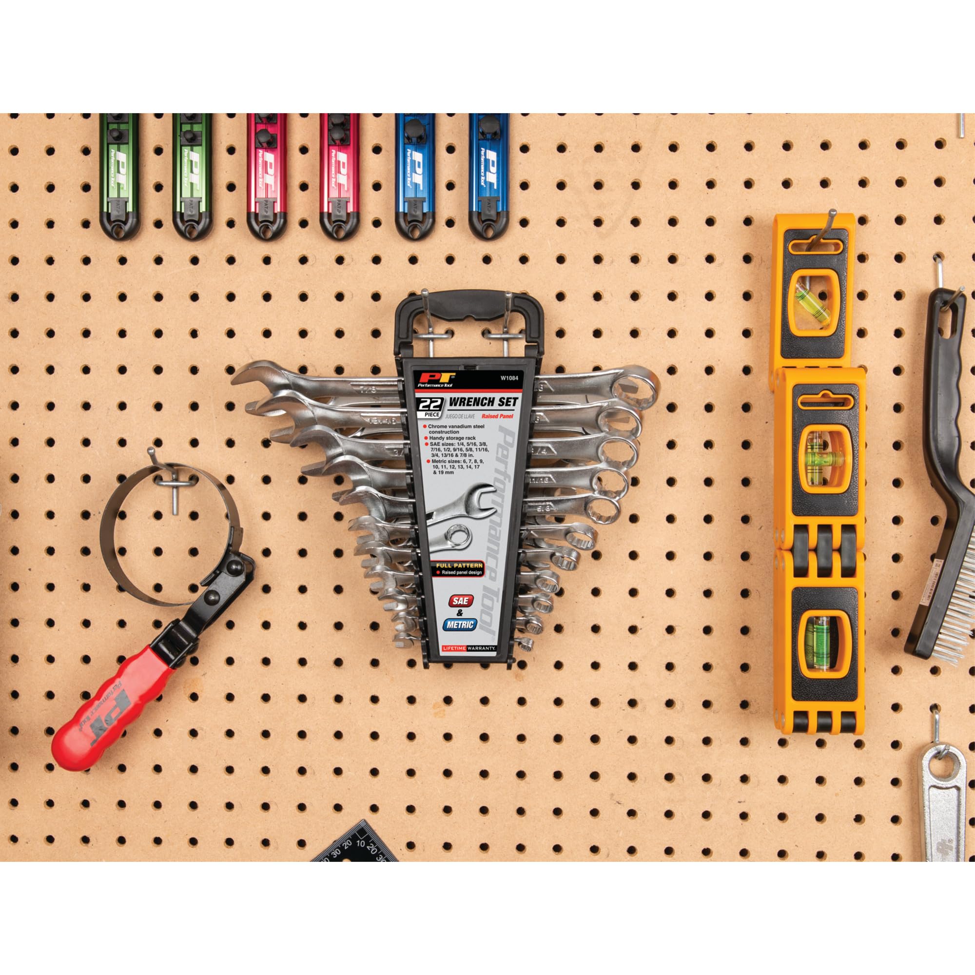 W1084 Performance Tool 22pc Combination Wrenches Set (Metric and Standard Sizes) With Organizer Rack