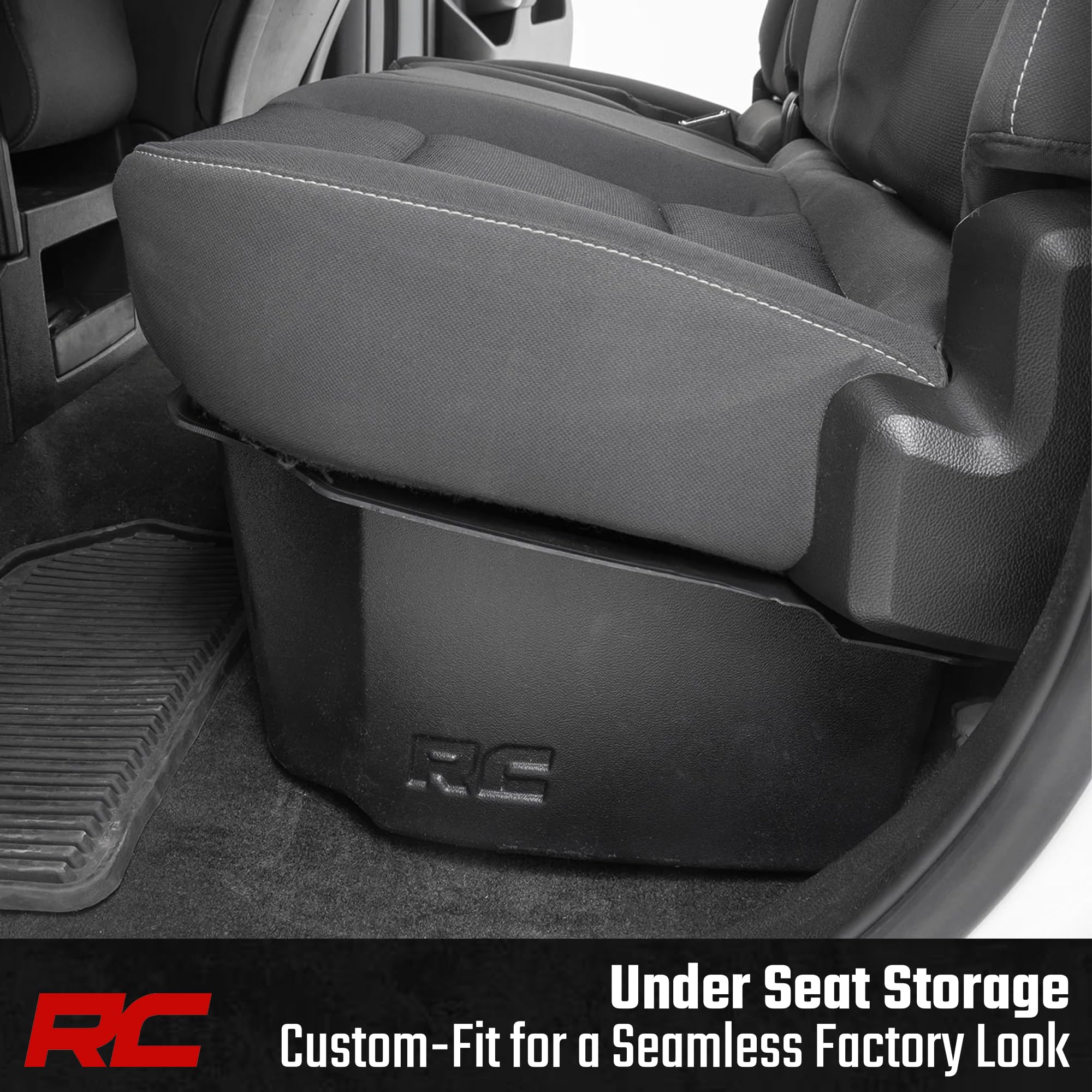 Rough Country Under Seat Storage Box for GMC Sierra & Chevy Silverado 1500/2500HD/3500HD Double Cab (2007–2019) - Custom-Fit Underseat Organizer Tray
