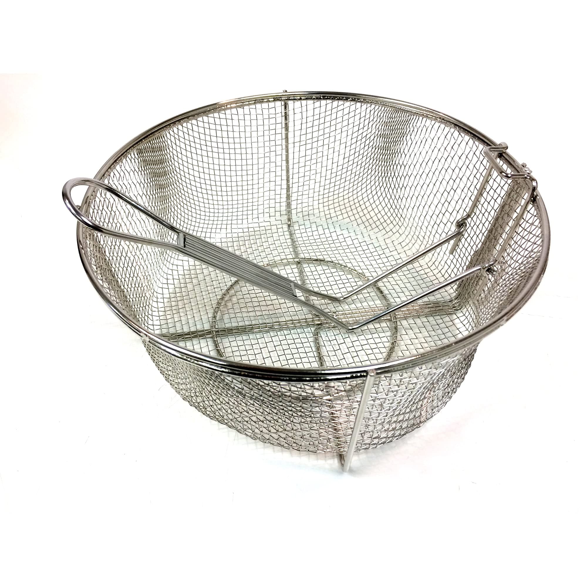 Bayou Classic 11-in Stainless Fry Basket 0126 w/Folding Handle 5.5-in Depth Drain Hook Perfect for Fried Fish Chicken Shrimp Onion Rings Hushpuppies Fries and More