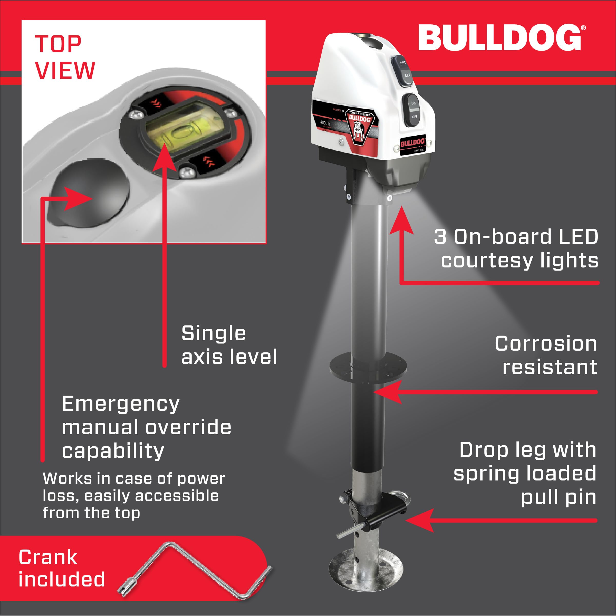 500200 Bulldog Cases Powered Trailer Jack, A-Frame, 4,000 lbs. Lift Capacity, Bolt-On, 22 Inch Travel