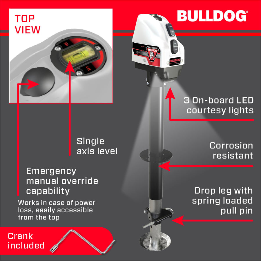 500200 Bulldog Cases Powered Trailer Jack, A-Frame, 4,000 lbs. Lift Capacity, Bolt-On, 22 Inch Travel
