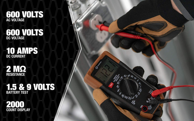 Multimeter Southwire Manual Range - 7 Functions & 19 Ranges - Double-Molded Rugged Housing - Battery Test - CAT III 300V Safety Rating
