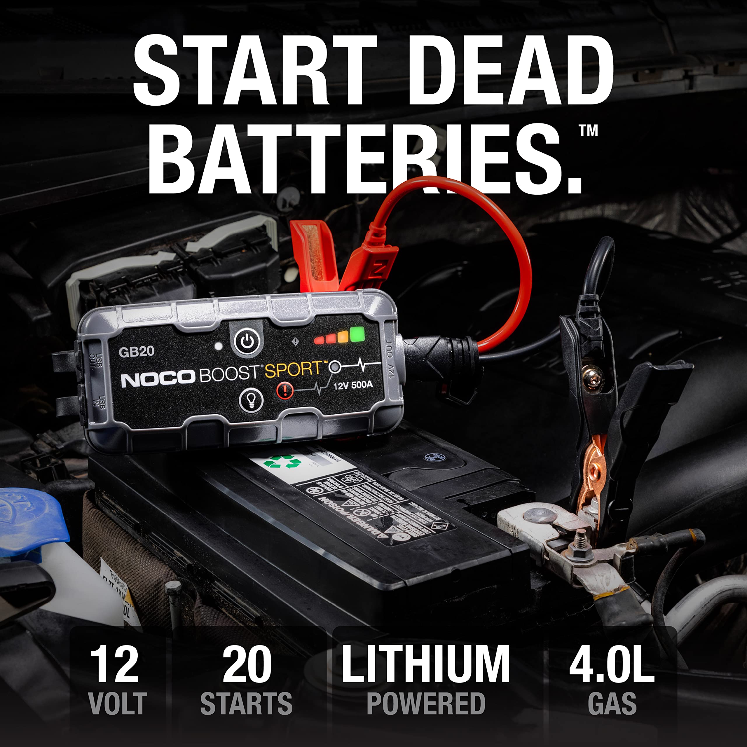 500A NOCO Boost GB20: UltraSafe Jump Starter – 12V Lithium Battery Booster Pack, Portable Jump Box, Power Bank & Jumper Cables - for 4.0L Gas Engines