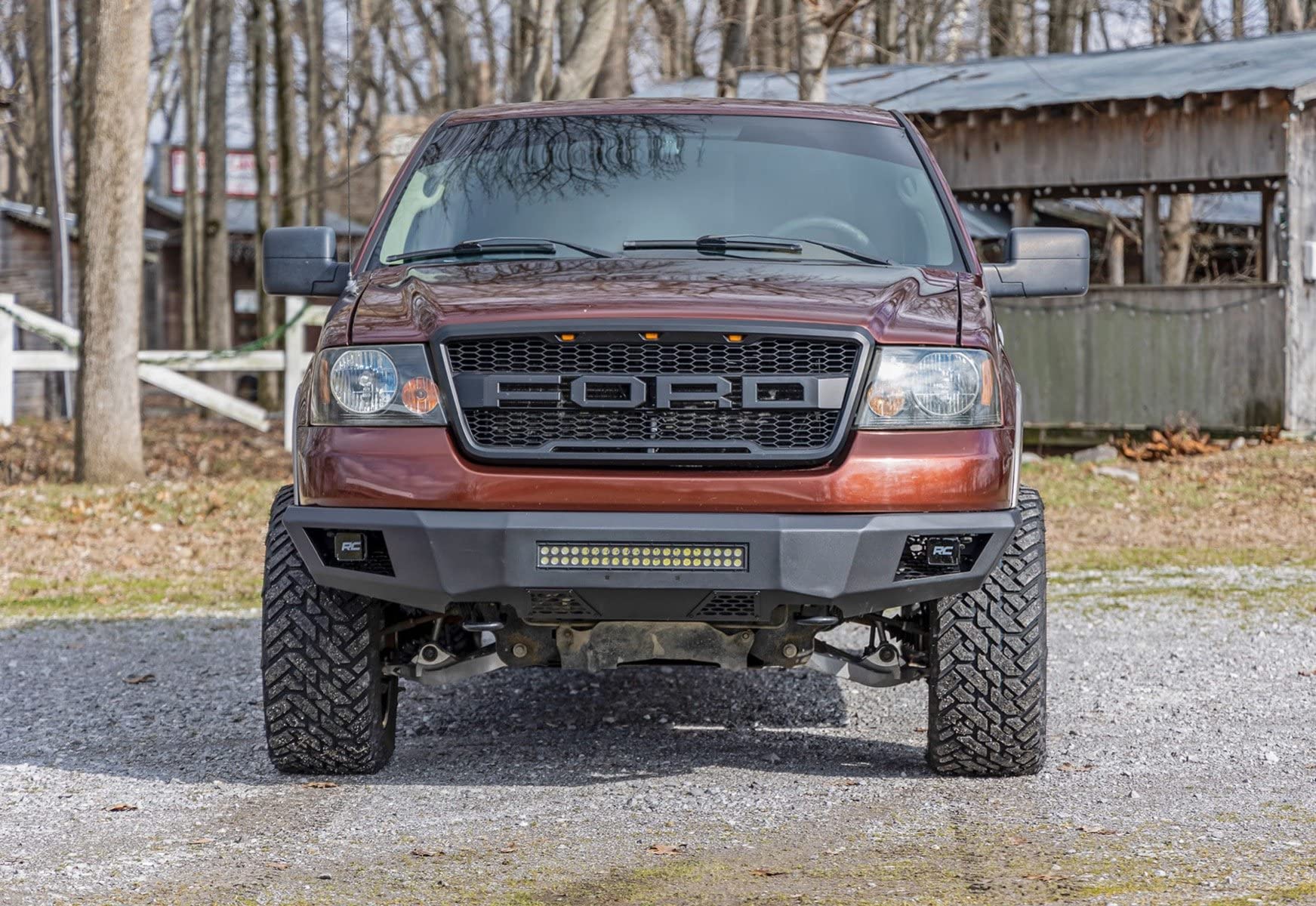 Front Rough Country LED Bumper for Ford F-150 (2004–2008) - Heavy-Duty Steel, Includes 20" LED Light Bar & (4) 2" LED Cubes, No-Drill Install