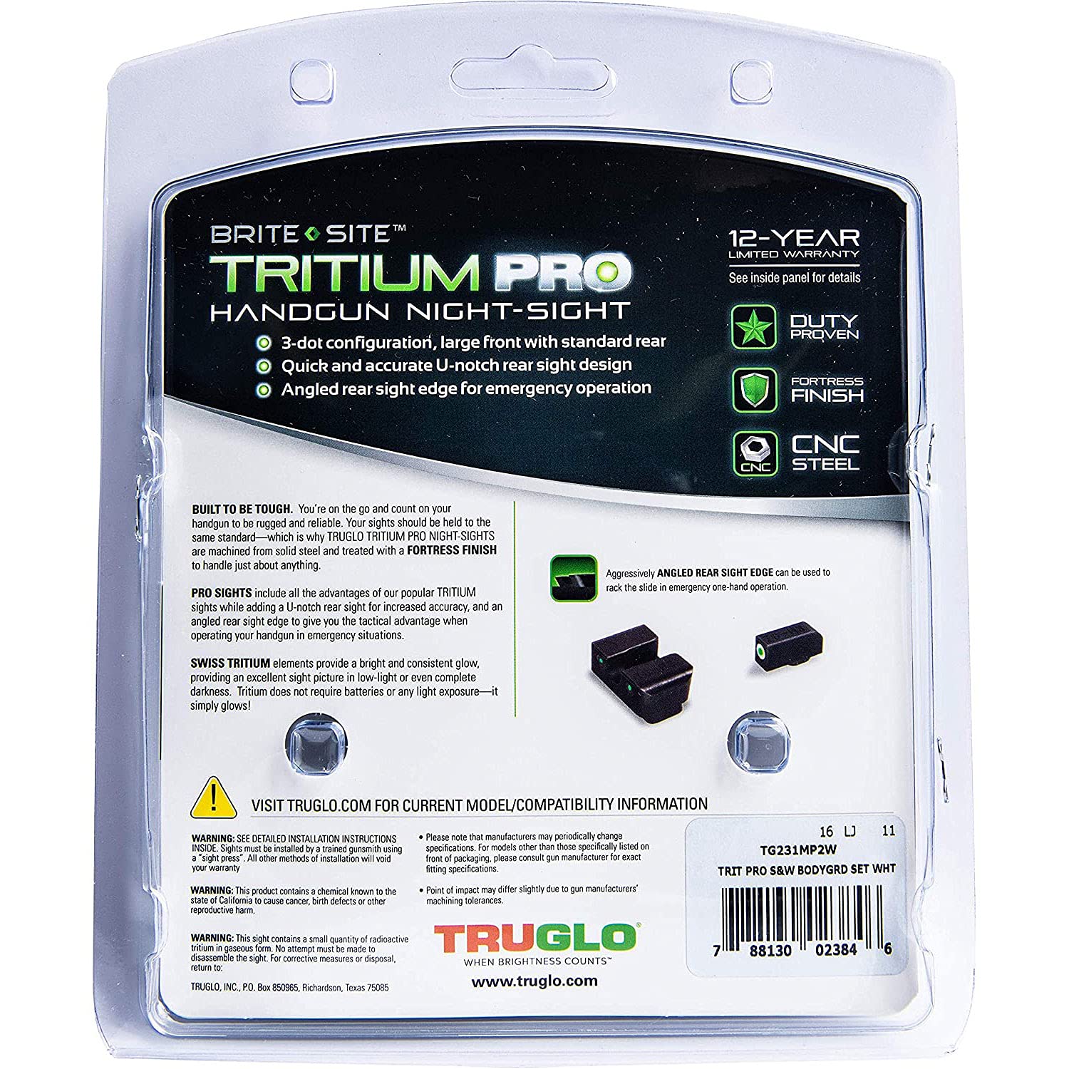 TruGlo Tritium Compact Pro Glow in the Dark Day and Night Handgun Sight TG231MP2W for Smith & Wesson Bodyguard .380 Pistols